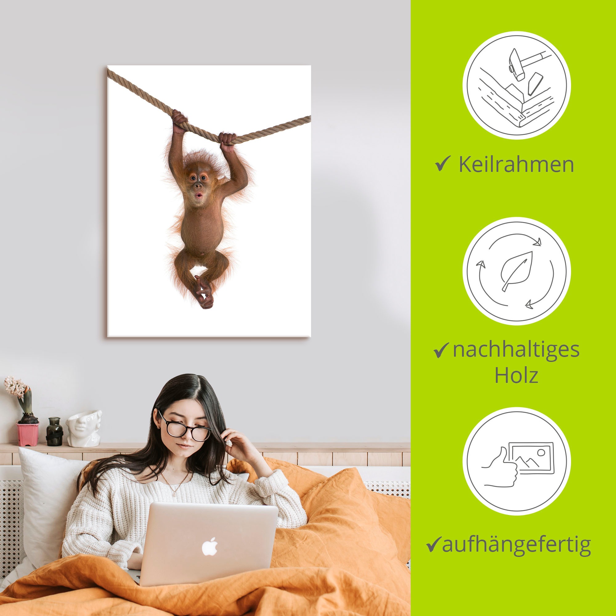 Artland Wandbild »Baby Orang Utan hängt an Seil II«, Wildtiere, (1 St.), als Alubild, Outdoorbild, Leinwandbild, Poster, Wandaufkleber