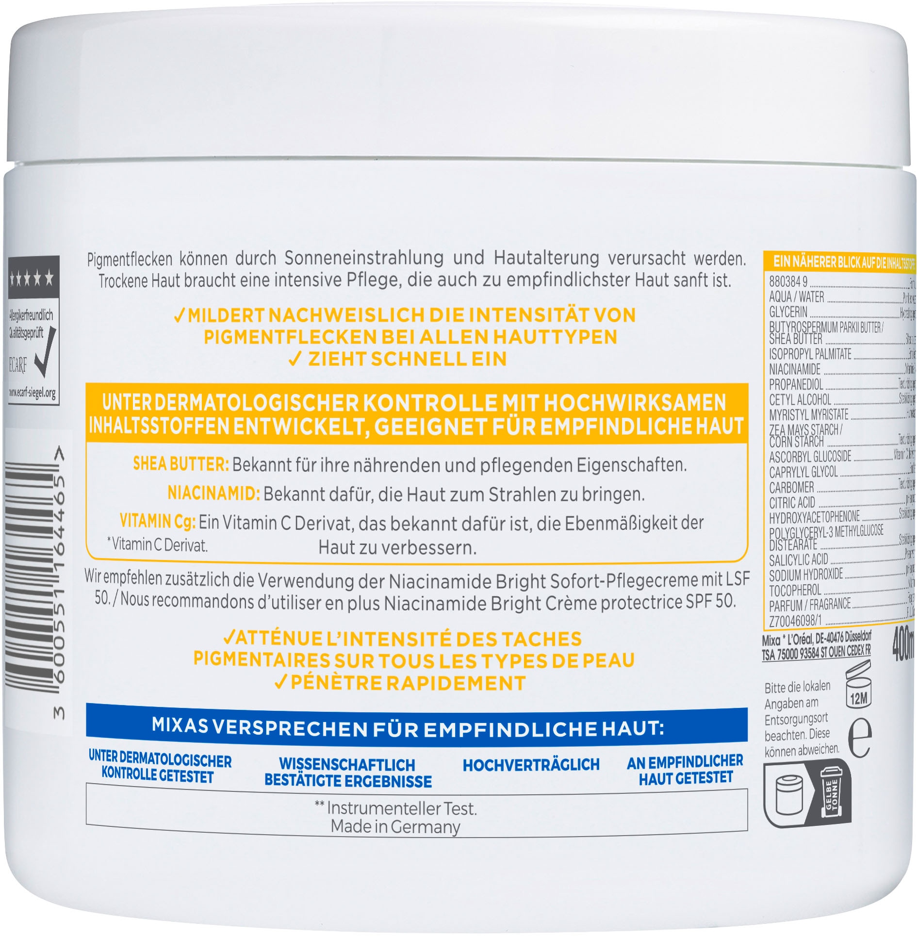 Mixa Körpermilch »Mixa Niacinamide Bright Creme«, Mildert sonnenbedingte Pigmentflecken, versorgt trockene Haut.
