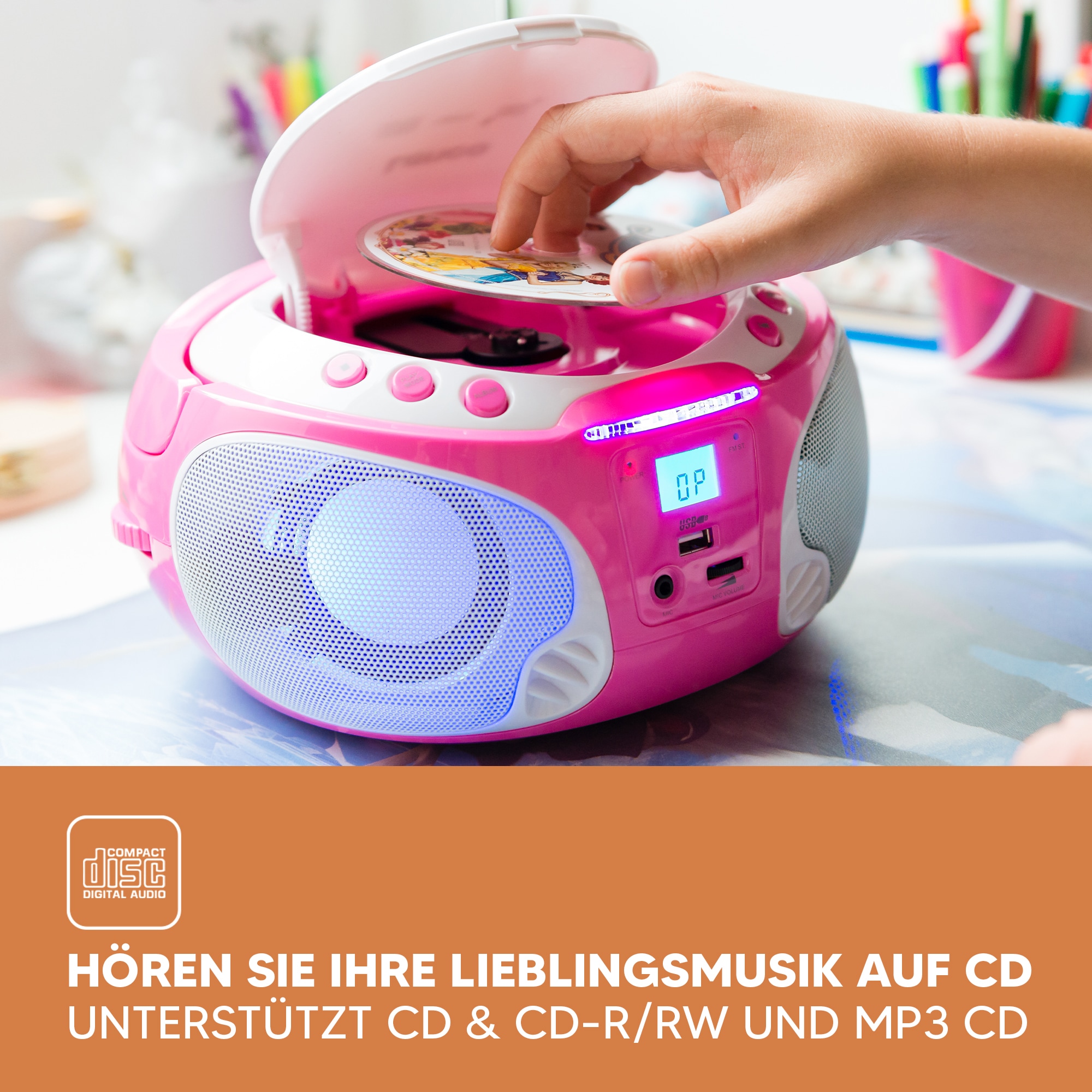 Lenco Boombox »SCD-650« ( AM-Tuner | FM-Tuner ) speziell für Kinder, USB-Anschluss, Karaoke-Mikrofon und Lichteffekte