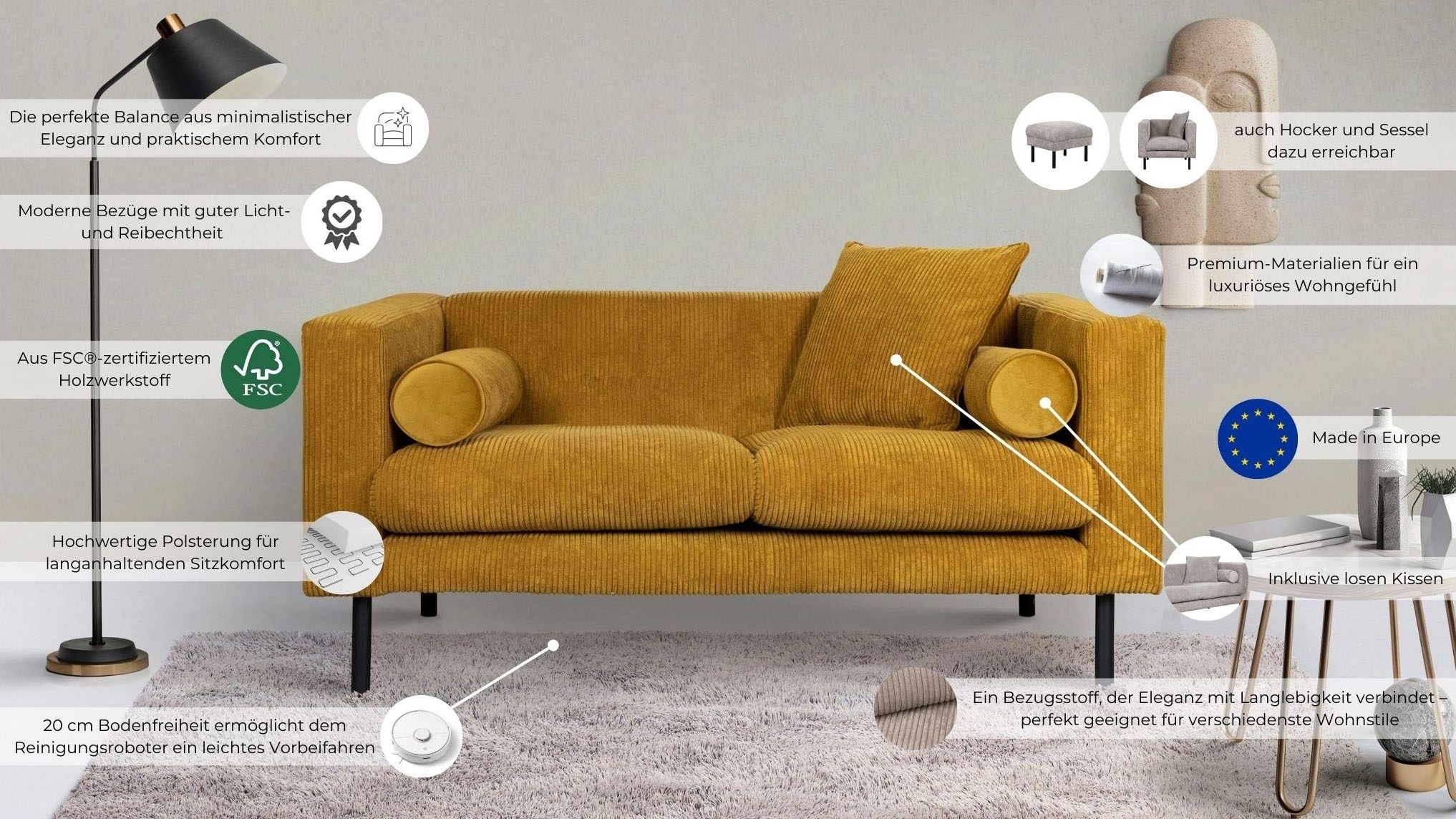 Home affaire 2-Sitzer »Lillibeth Designsofa mit Wellenunterfederung, Maße B/T/H: 155/74/83 cm« Zierkissen als Wendekissen, in Samtoptik oder Cord