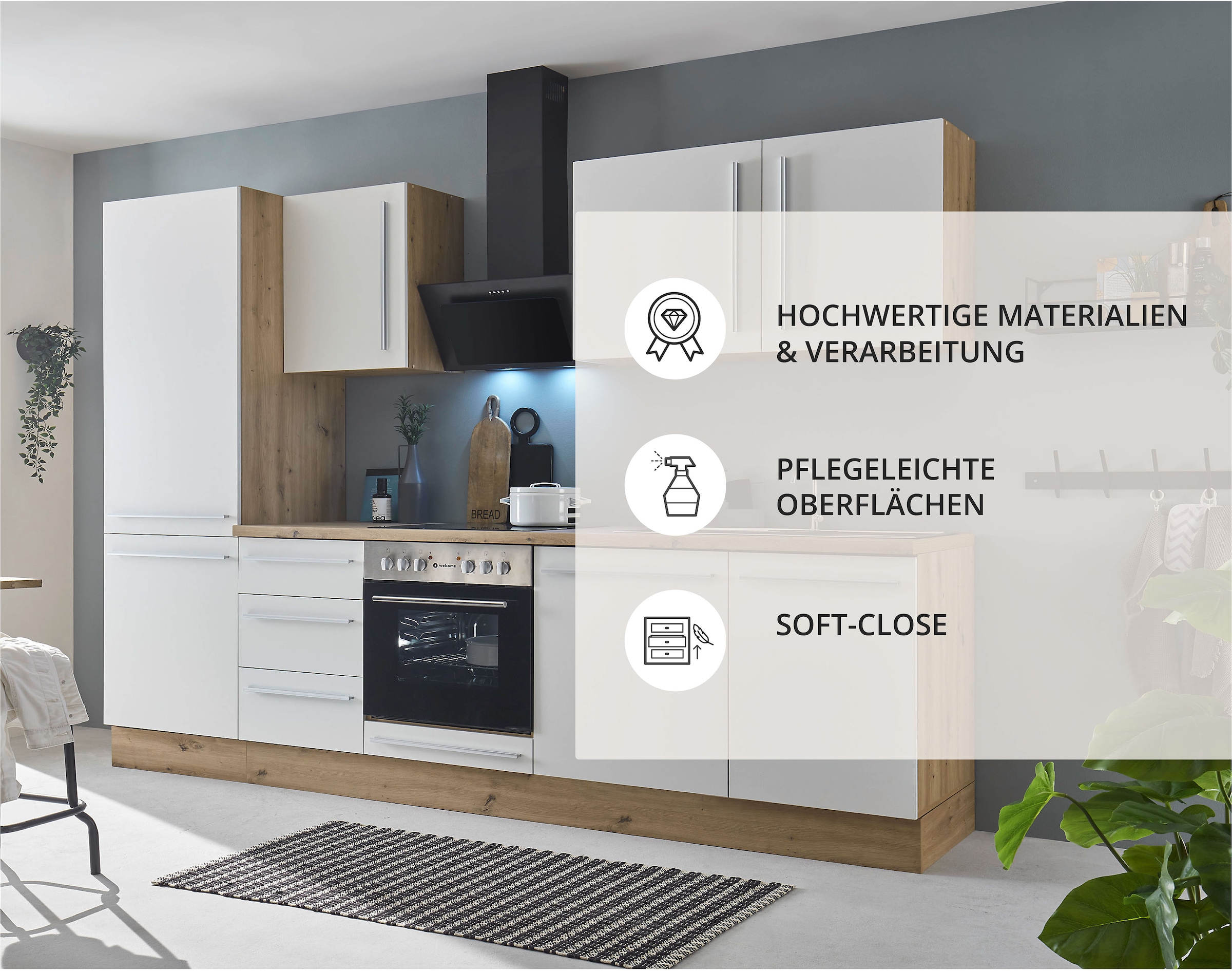KOCHSTATION Küchenzeile »KS-Florida mit 38mm starker Arbeitsplatte«, Breite 280 cm, wahlweise mit E-Geräten, Soft-Close-Funktion
