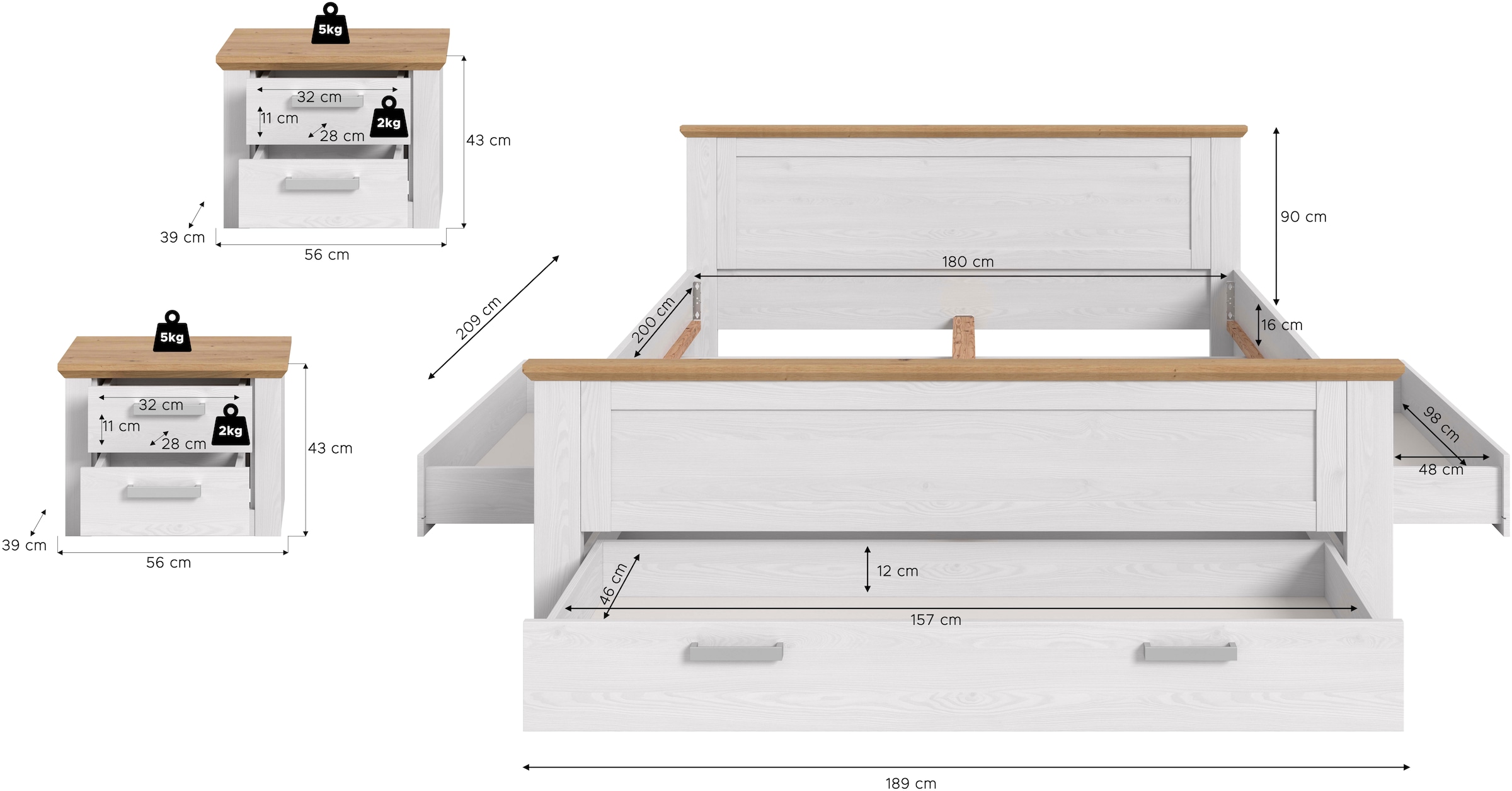 Home affaire Schlafzimmer-Set »COSENZA, 3-teilig, Stauraumbett & 2x Nachttisch« Matratzengröße 180x200 cm, viel Stauraum, ohne Lattenrost & Matratze, 3 tlg. tlg. Schlafzimmer, Schlafen, Set, Kombination, Bettanlage