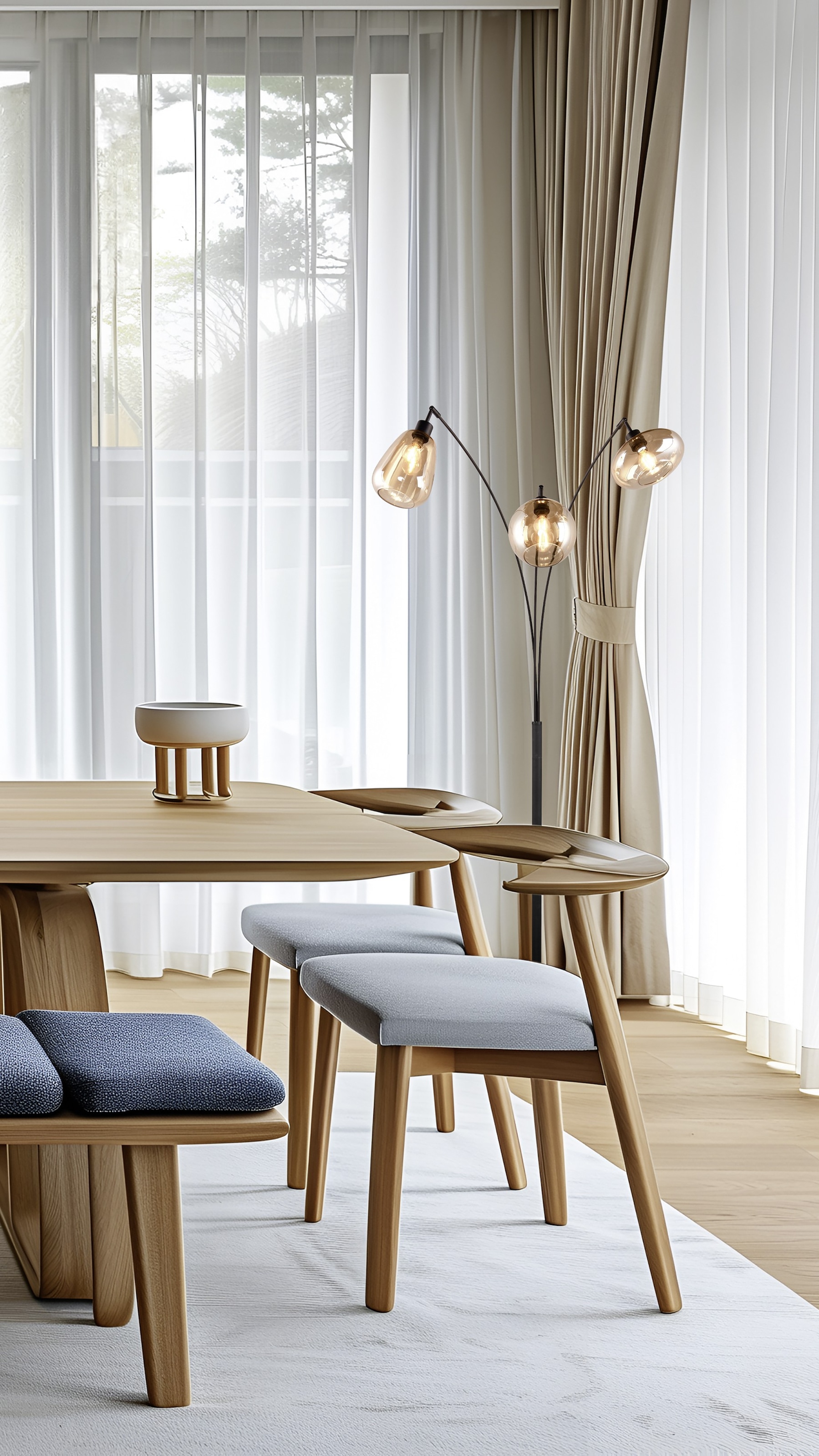 TRIO Leuchten Stehlampe »Lumina, gebogene Stehleuchte mit Glasschirmen exkl 3xE14 max 10W« E14 1 Stk. warmweiß - kaltweiß amberfarbige Gläser in 3 Formen, Fußschalter, Bogenleuchte Höhe 200 cm