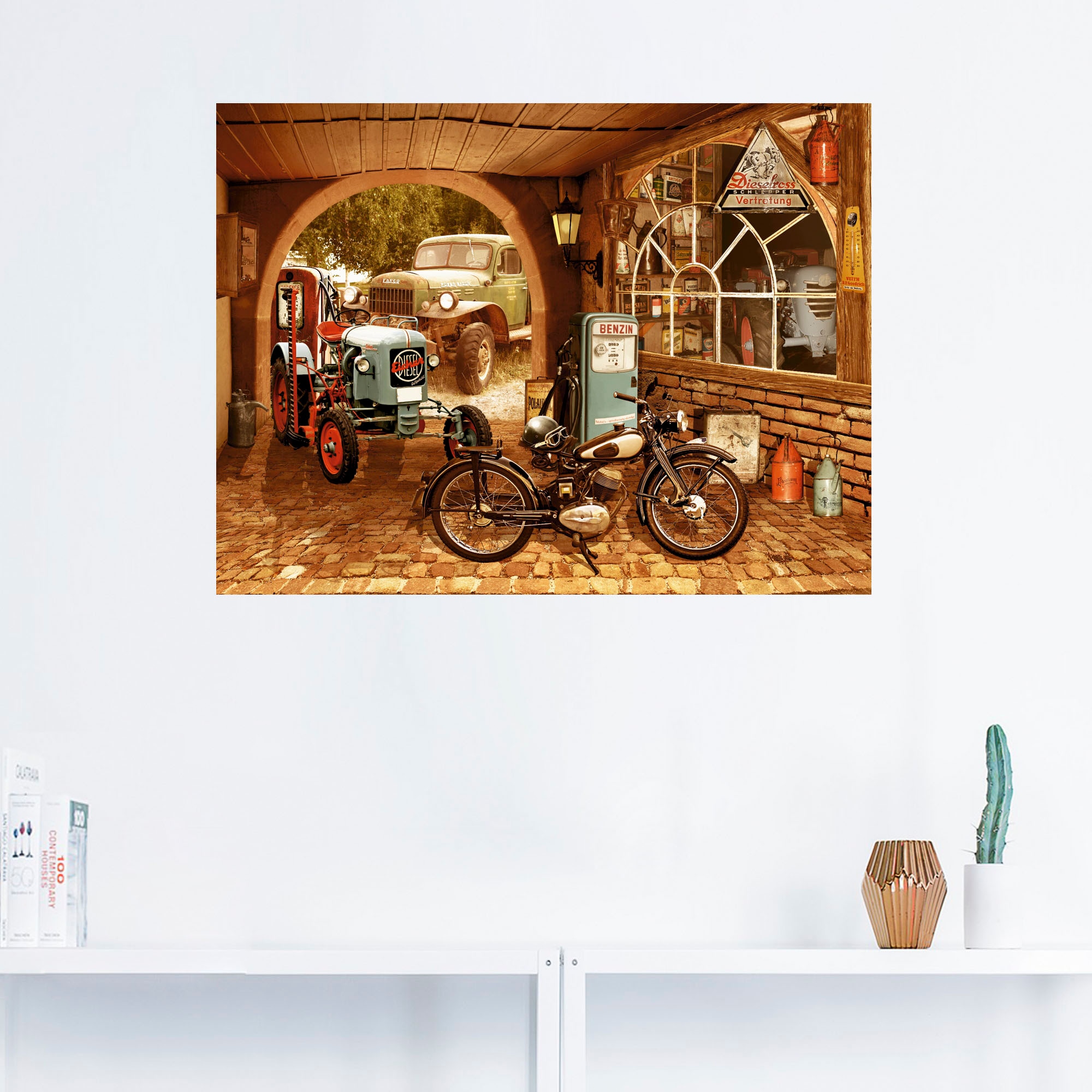Artland Wandbild »Werkstatt mit Traktor und Motorrad«, Traktoren, (1 St.), als Alubild, Outdoorbild, Leinwandbild, Wandaufkleber, versch. Größen