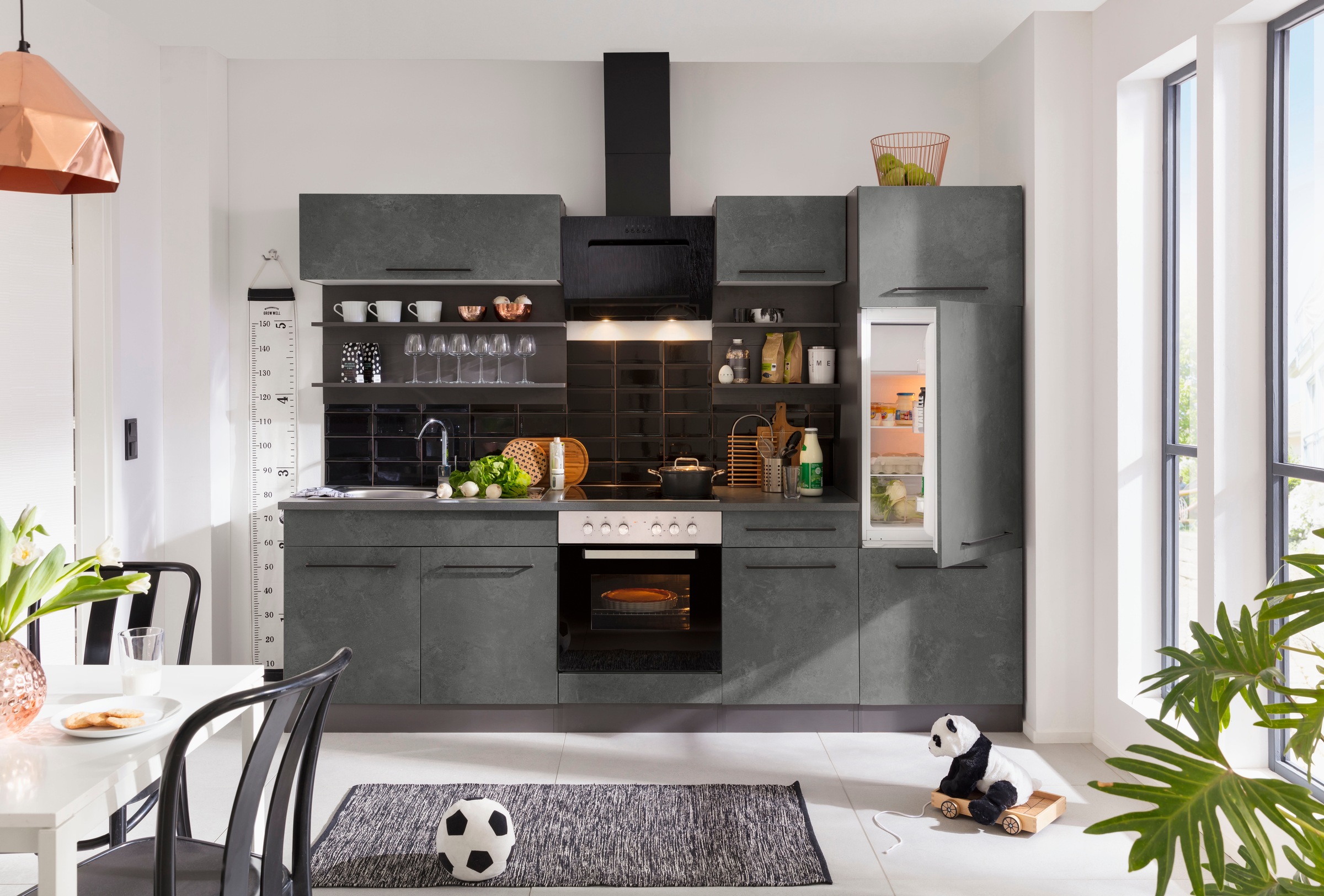 KOCHSTATION Küchenzeile »KS-Tulsa«, ohne E-Geräte, Breite 270 cm, schwarze Metallgriffe, MDF Fronten