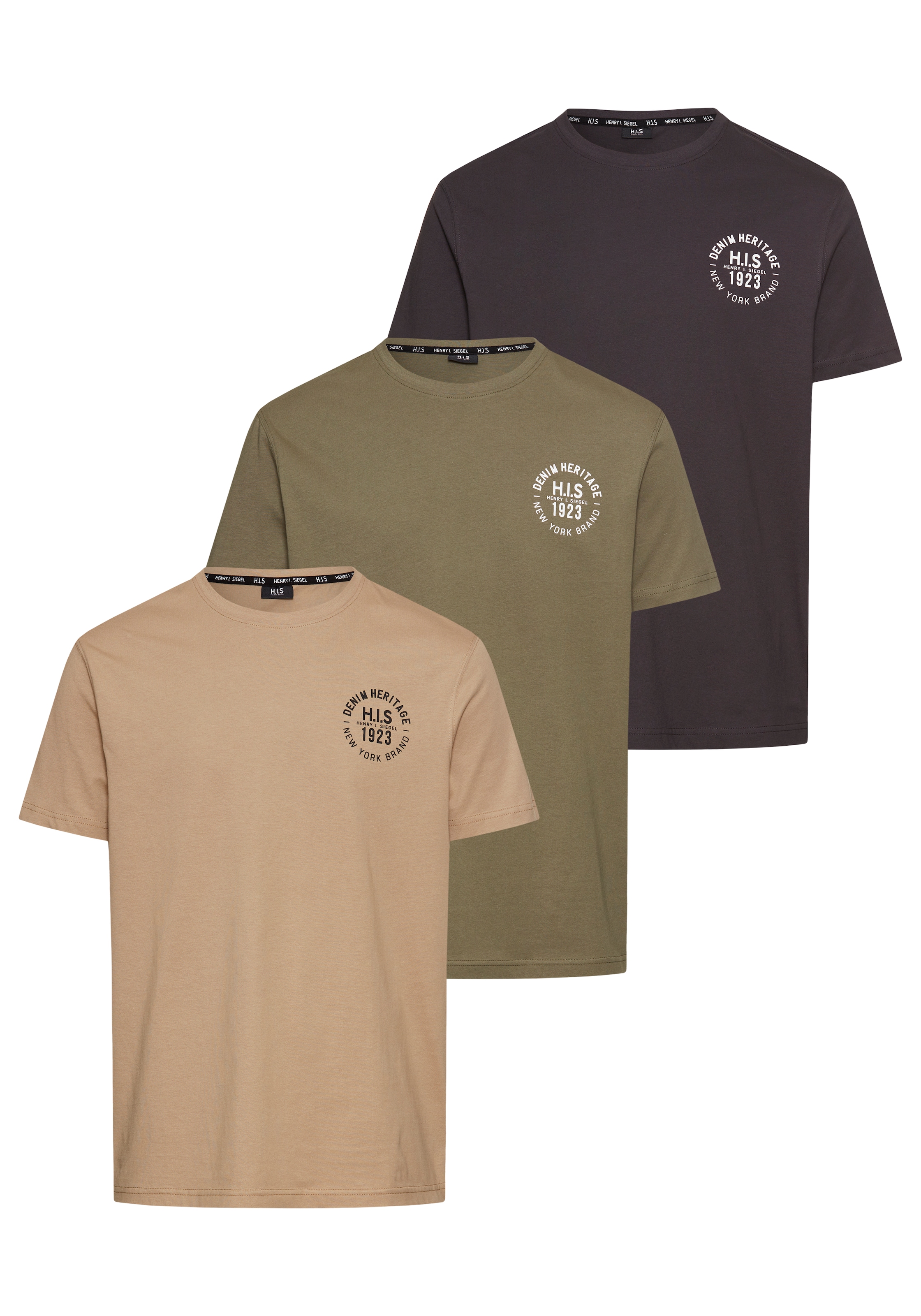 H.I.S T-Shirt, (Packung, 3 tlg., 3er-Pack), schmal geschnitten, bedrucktes Design, aus 100% Baumwolle