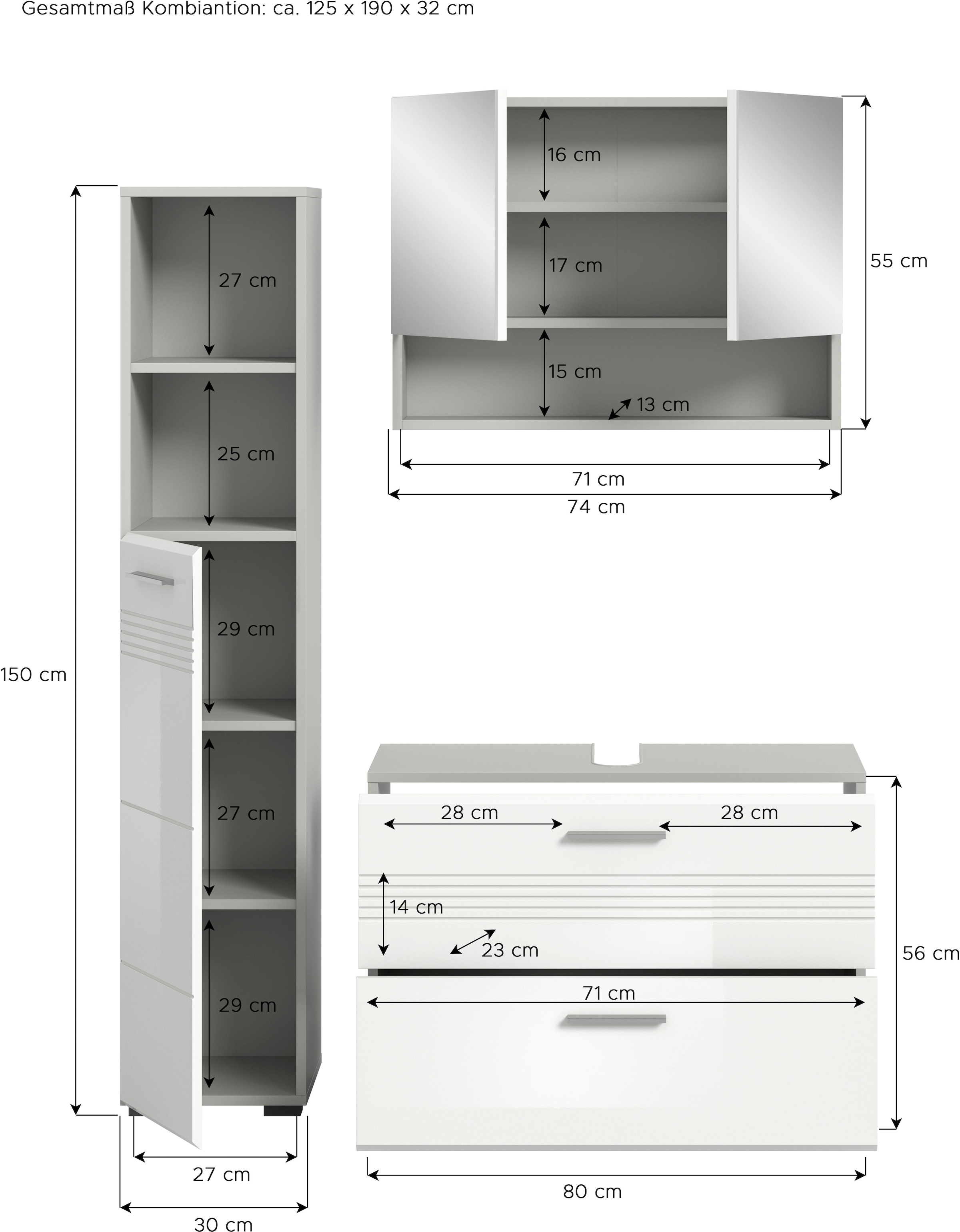 welltime Badmöbel-Set »Calicio, bestehend aus:Waschbeckenunterschrank,Hoch-und Spiegelschrank«, (3 St.), Spiegelschrank, hochwertige MDF Front mit Rillenfräsung