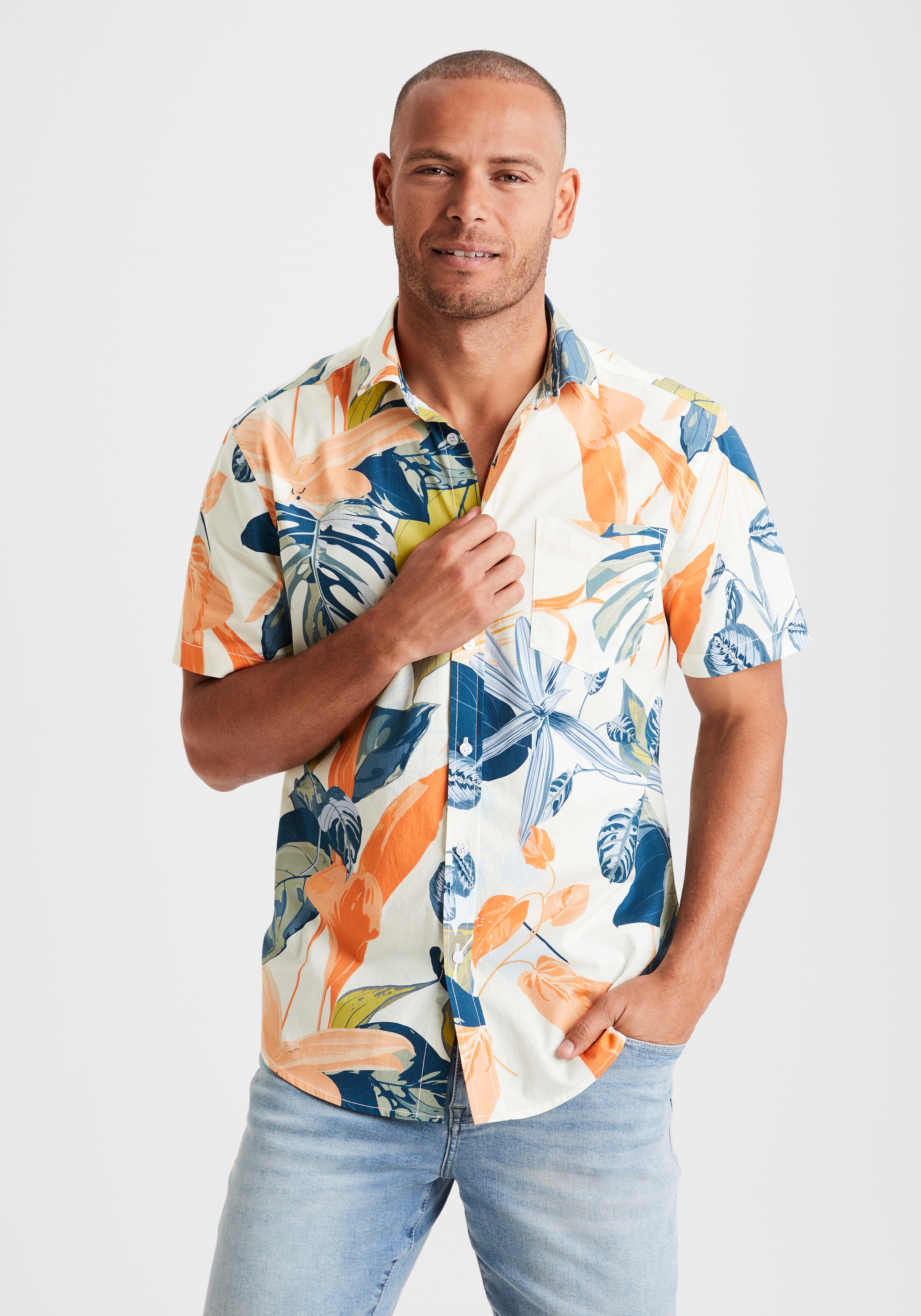 Hawaiihemd, mit Kentkragen, Freizeithemd mit Blätterprint aus reiner Baumwolle