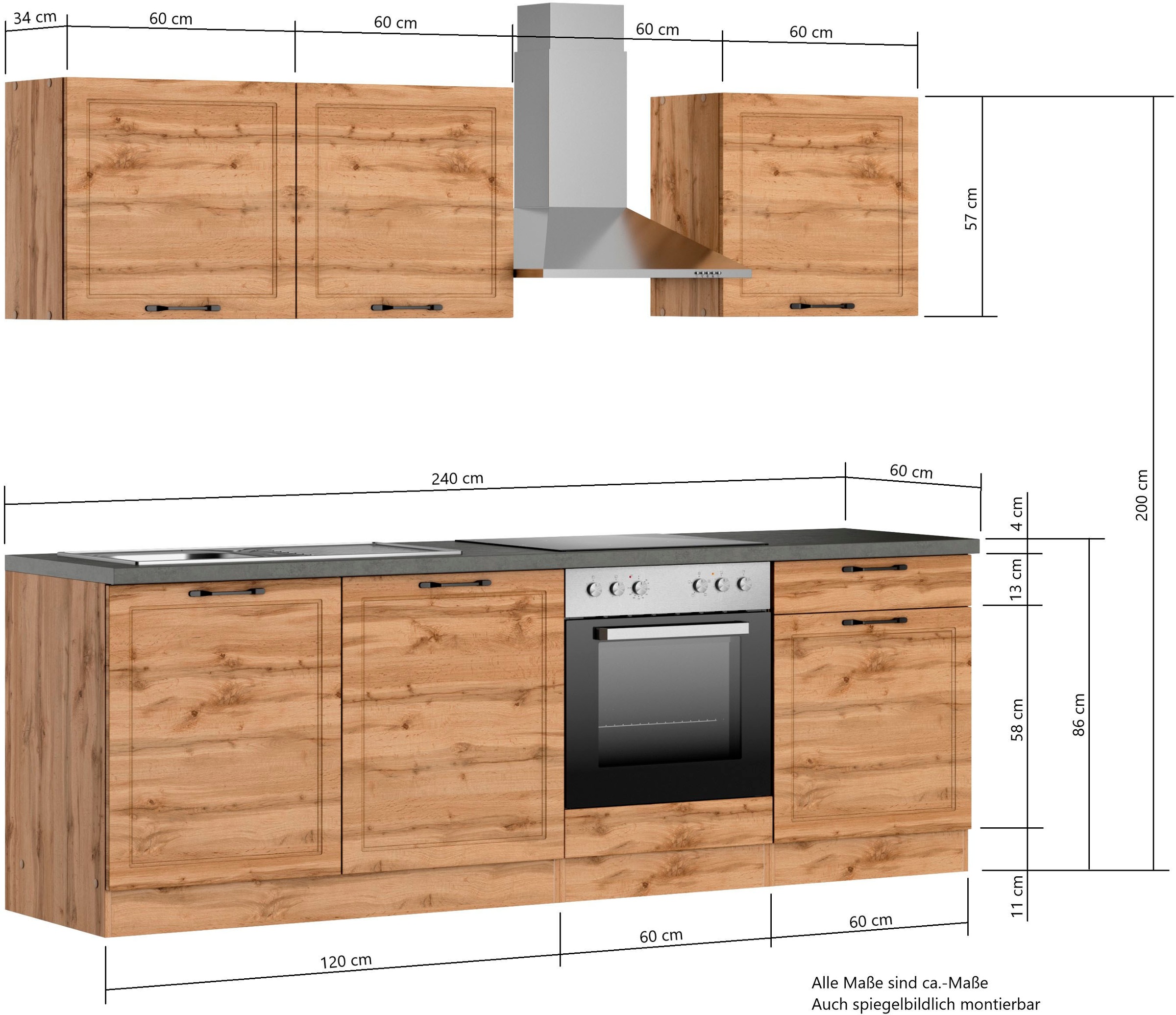 KOCHSTATION Küchenzeile »KS-Lani, mit MDF-Fronten«, Breite 240 cm, wahlweise mit E-Geräten, Höhen-Ausgleichsfüße 0-4 cm