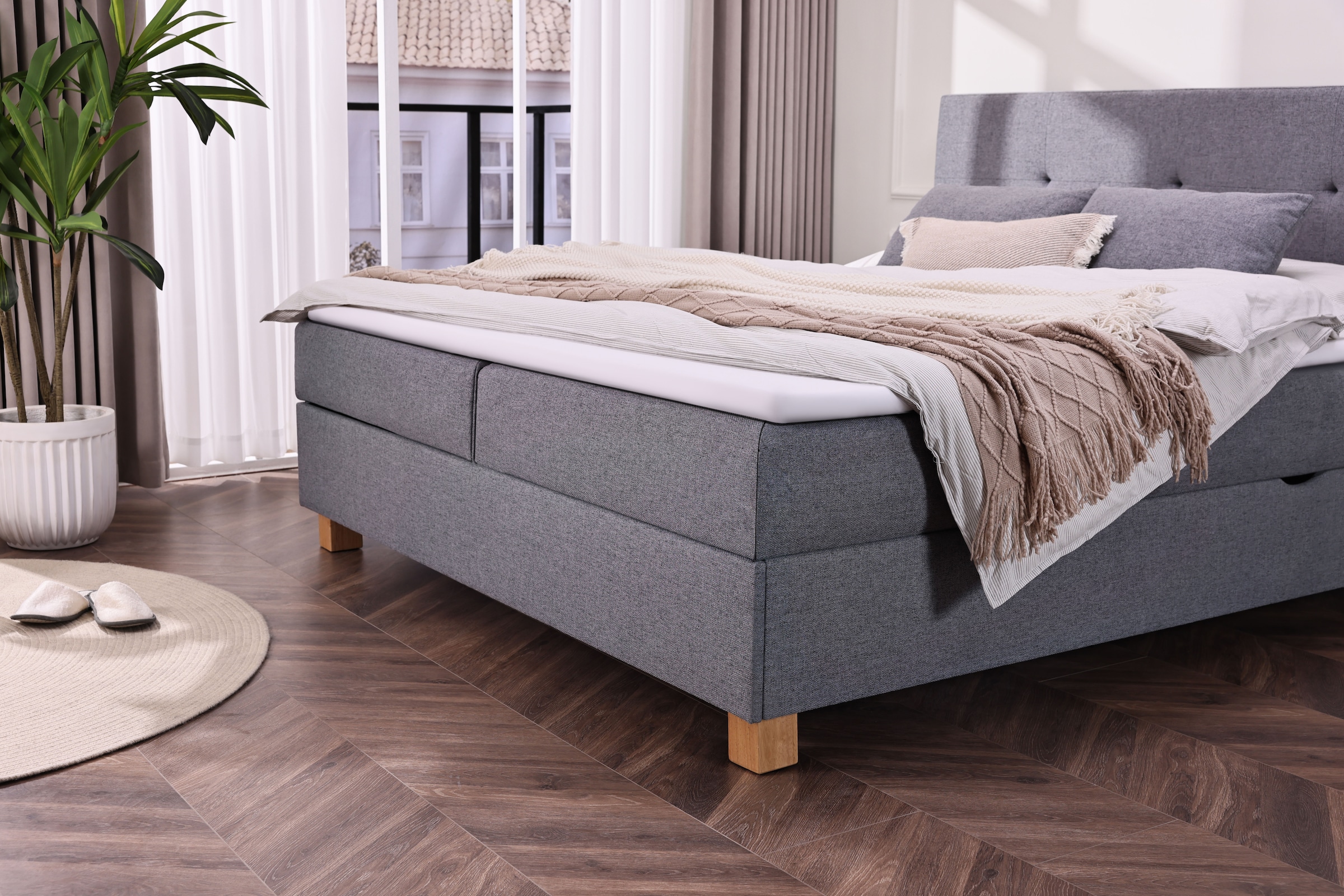 Home affaire Boxbett »Oyré inkl. Bettkasten, Topper und 2 gratis Kissen, 180x200 cm« mit Holzfüße in eichefarben