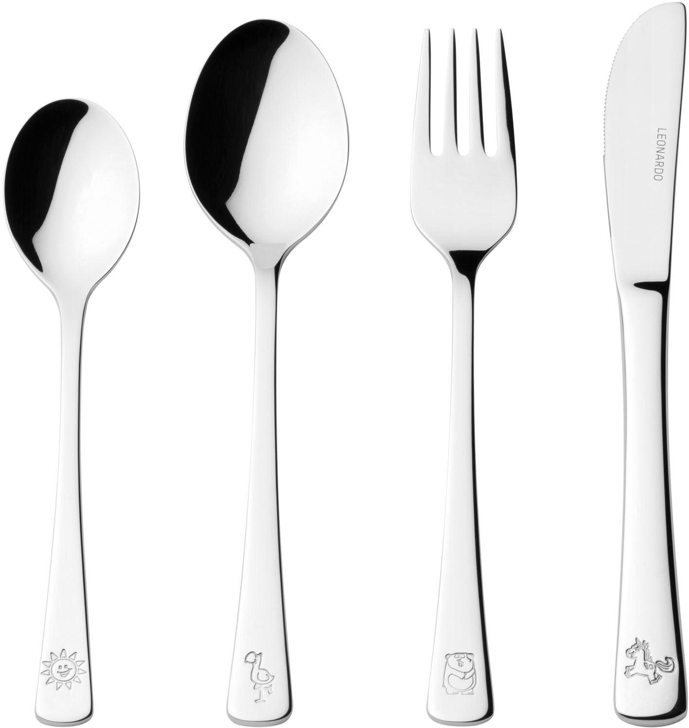 LEONARDO Kinderbesteck »BAMBINI«, (Set, 4 tlg.), Panda, Einhorn, Flamingo