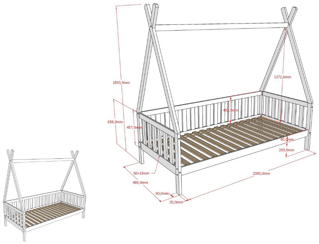 Vipack Massivholzbett »mit Tipi Dach, seitlich und hinten mit Sprossenumrandung« Liegefläche 90/200 cm inkl. Massivholz Rollattenrost,  Korpus aus massiver Kiefer, natur lackiert