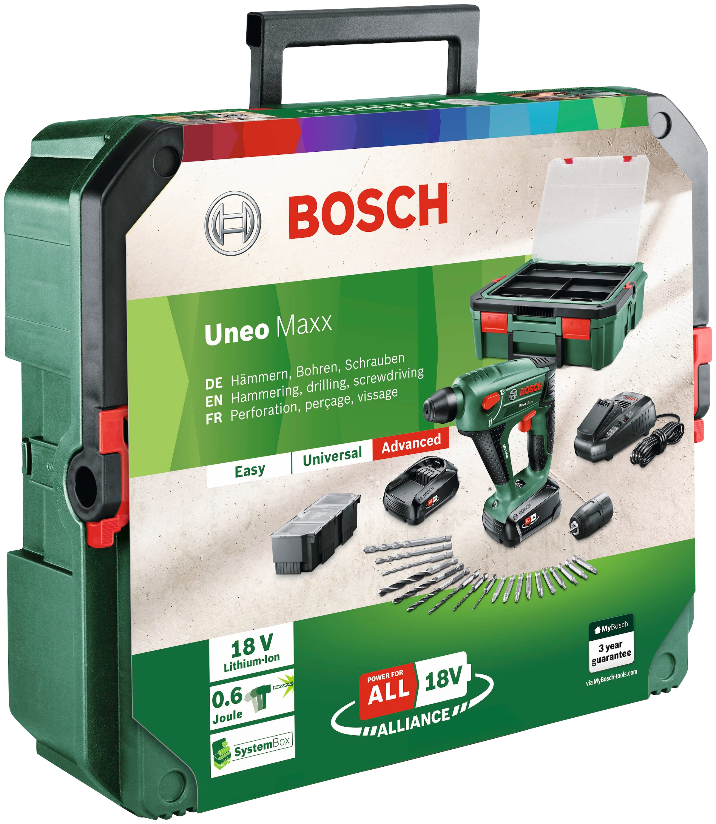 Bosch Home & Garden Akku-Bohrhammer »Uneo Maxx + SystemBox«, mit 2 Akkus und Ladegerät