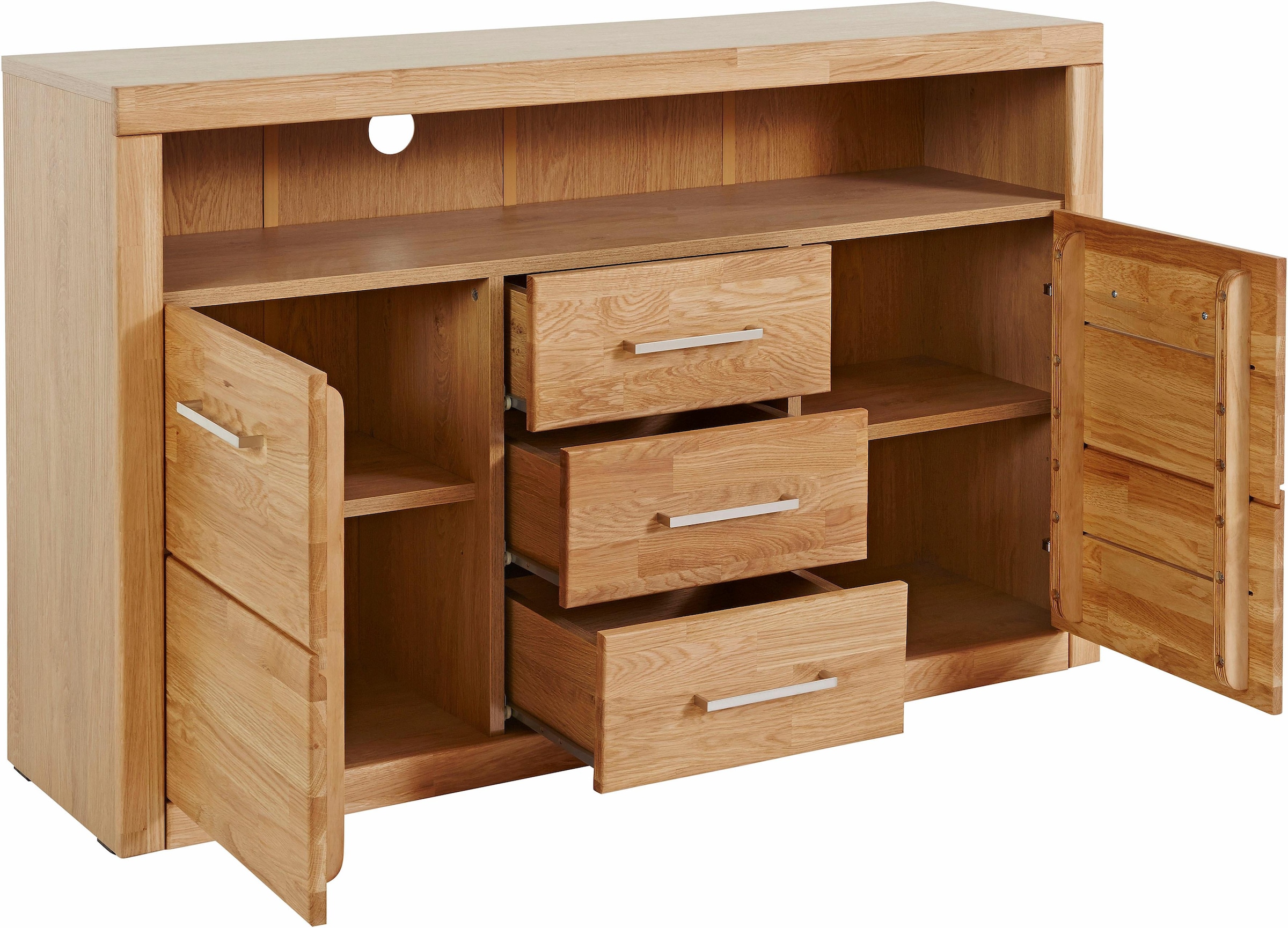 Home affaire Sideboard »Ribe,130cm breit,80cm hoch,Oberplatte Holz massiv,6 Fächer«, Holz massiv, Holzwerkstoff, Metall Griffe,2 Türen,3 Schubladen