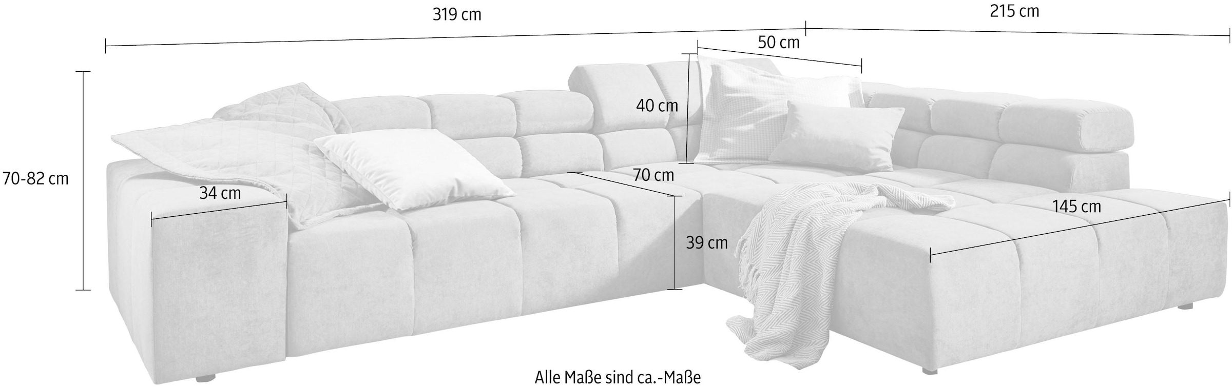 INOSIGN Ecksofa »Ancona incl. Kopfteilverstellung, Zierkissen Breite 319cm, L-Form«, wahlweise motorische Sitztiefenverstellung, auch in Cord + Easy Care