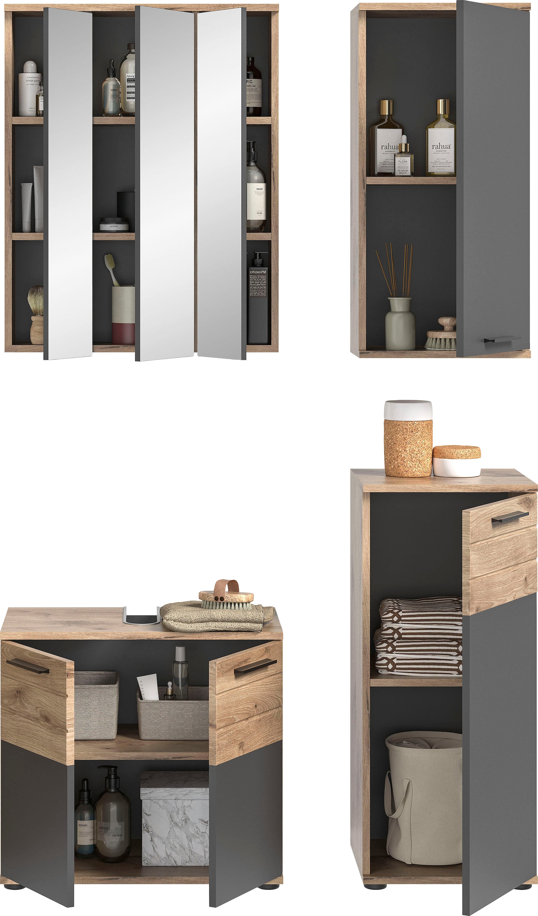 INOSIGN Badmöbel-Set »Riga, 4 teilig, bestehend aus:«, (Set, 4 St.), Waschbeckenunterschrank, Spiegel, Unterschrank, Hängeschrank