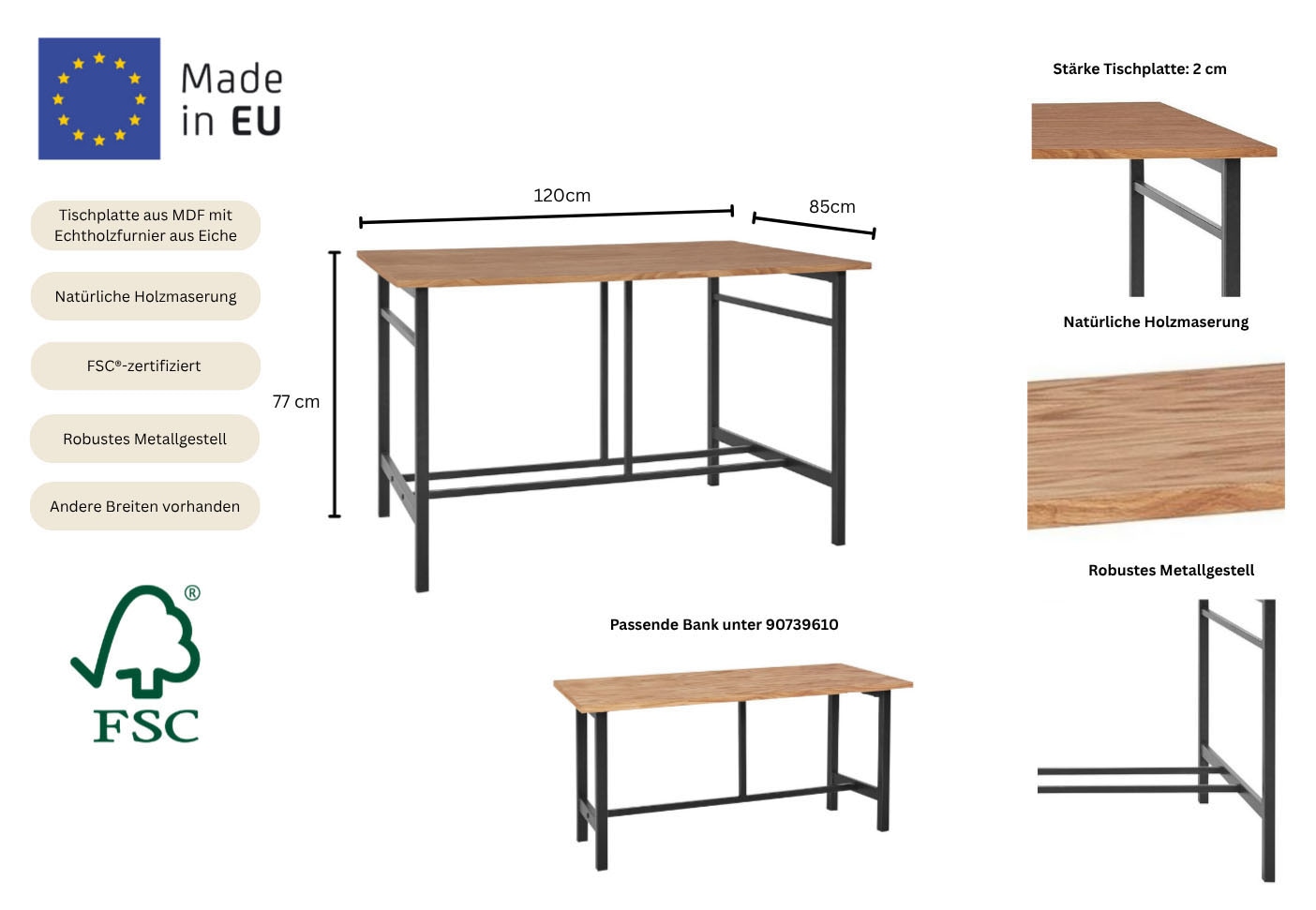 Home affaire Esstisch »Sare« mit Echtholzfurnier aus Eiche