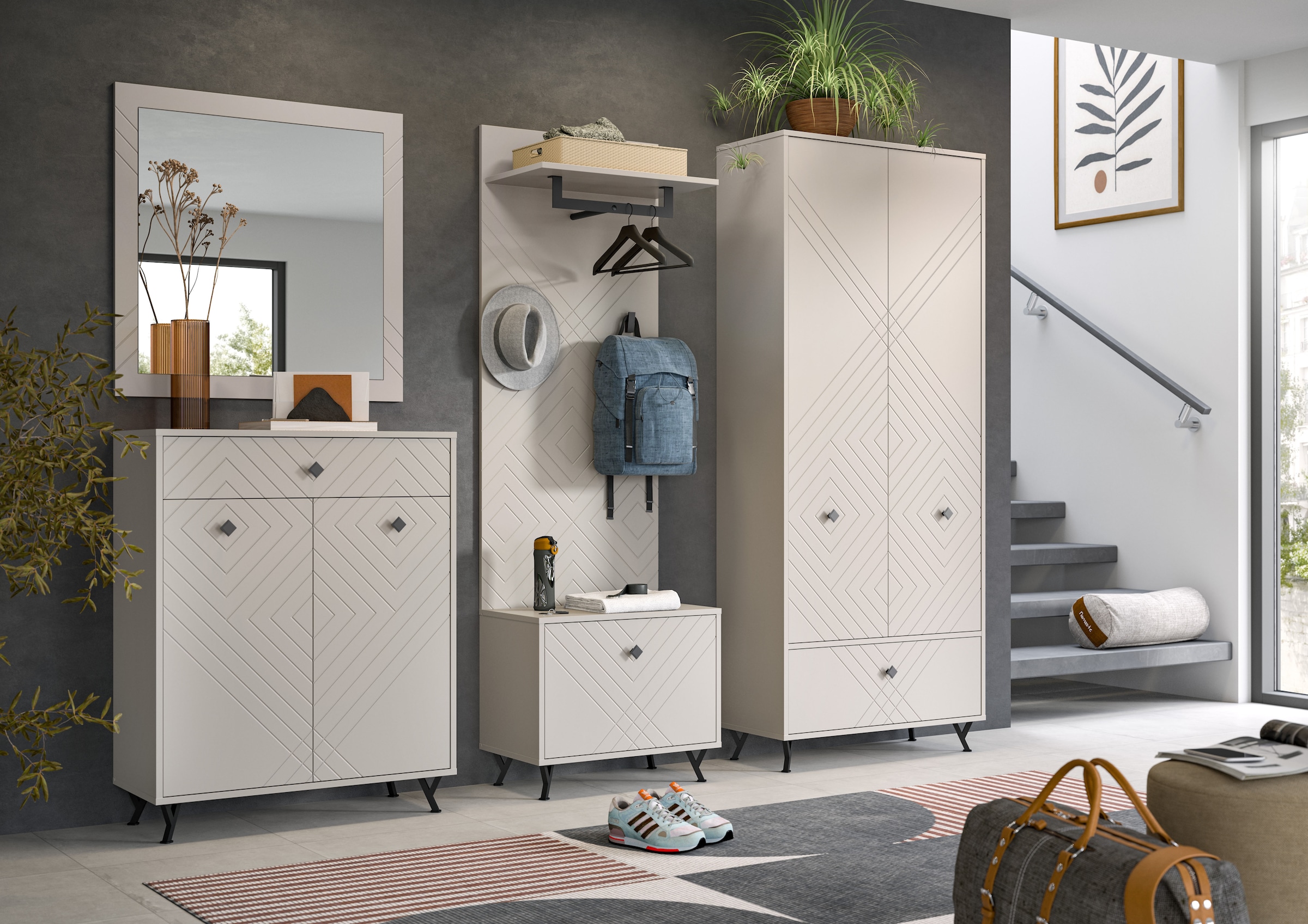 Home affaire Garderoben-Set »Mento, 4-teilig, Ornamentfräsung in der Front, bestehend aus:« Set, 4 Stk. tlg.