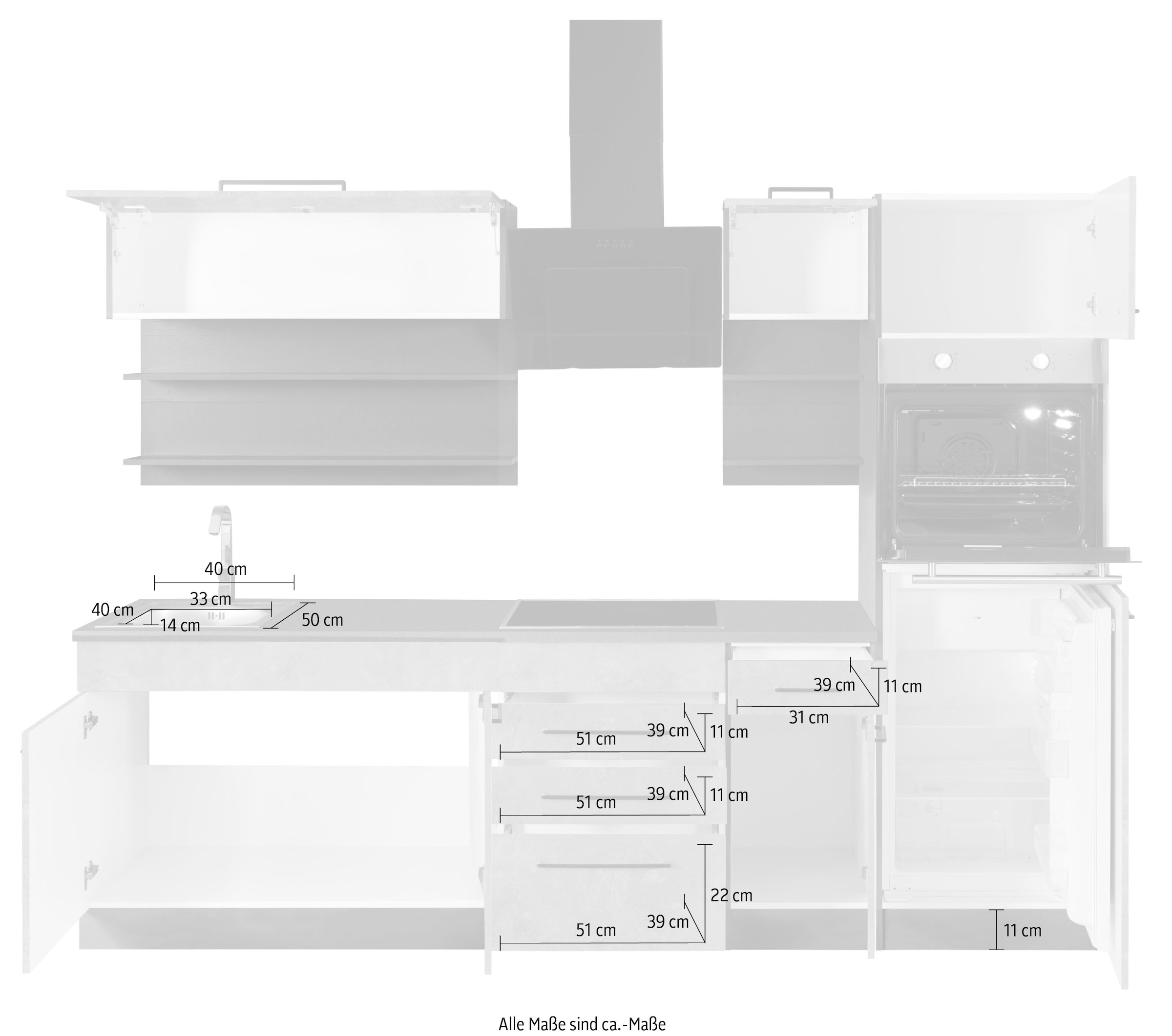 KOCHSTATION Küchenzeile »KS-Tulsa«, mit E-Geräten, Breite 270 cm, schwarze Metallgriffe, MDF Fronten