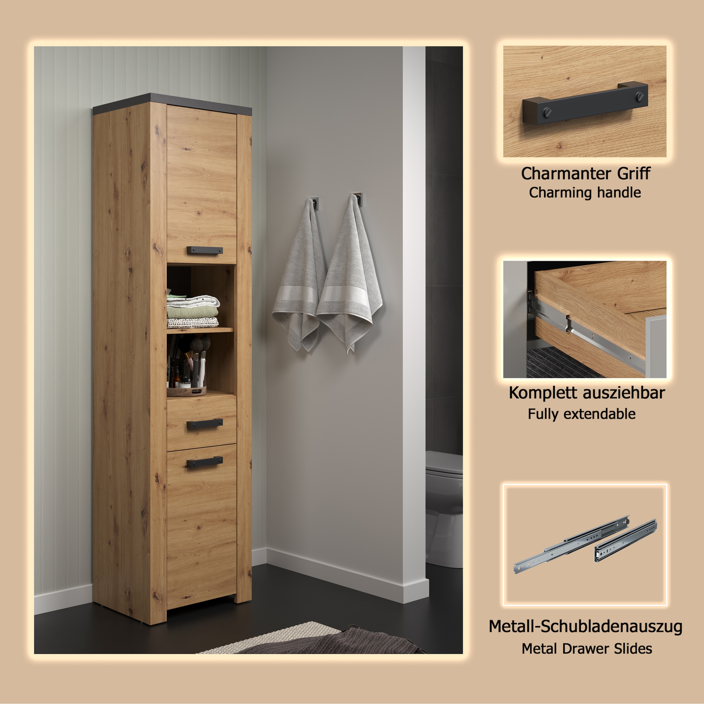 welltime Hochschrank »Ambres«, (1 St.), Hochschrank mit Soft-Close Funktion - (B/T/H) 53/35/196 cm