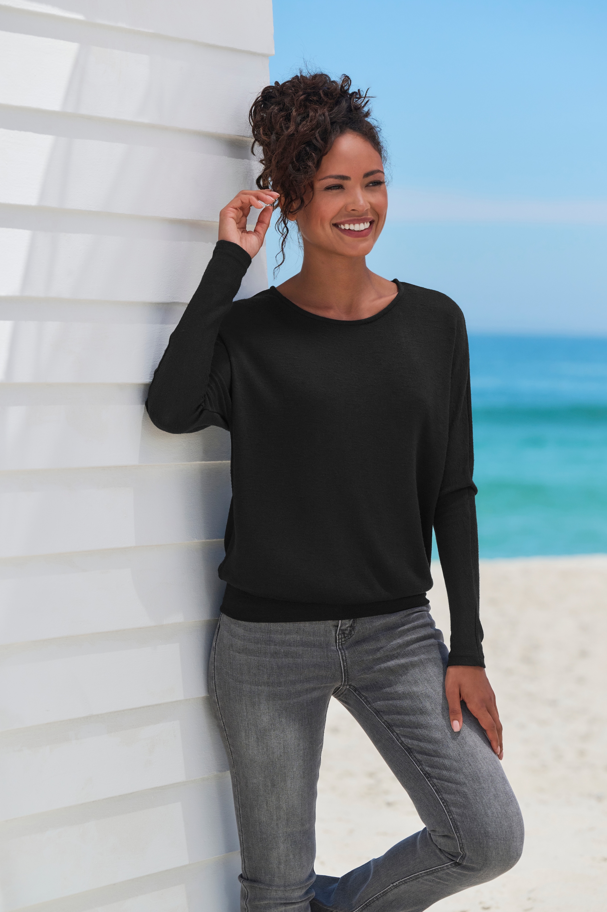 Vivance Langarmshirt »mit breitem Bund«, aus strukturiertem Feinstrick mit Viskose