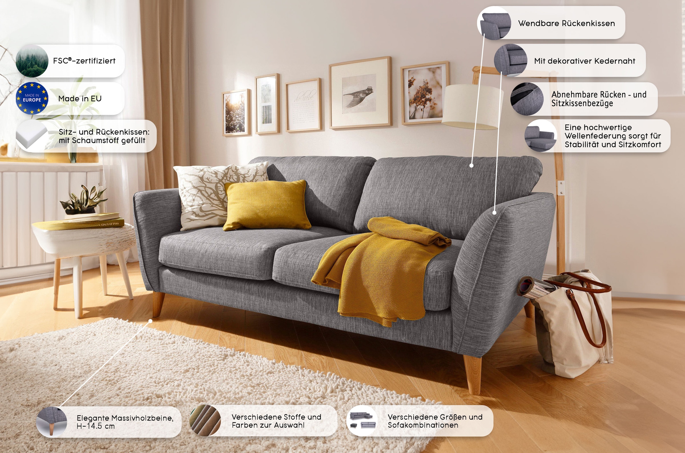 Home affaire 2-Sitzer »MARSEILLE Sofa 170 cm«, Massivholzbeine Eiche, Landhausstil, Wellenunterfederung