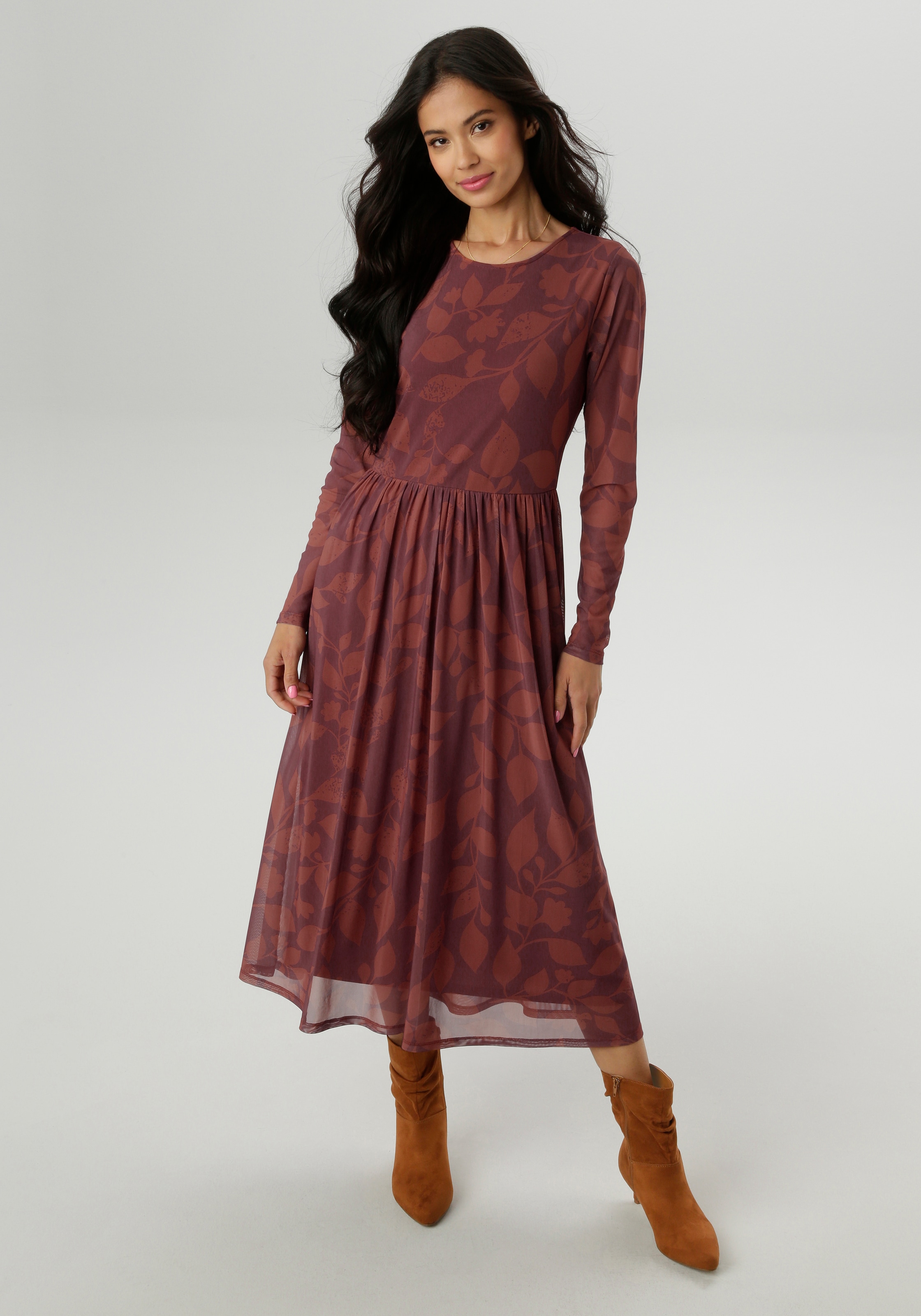 Aniston Selected Damen Midikleid mit floralem Blättermuster in warmen Brauntönen - NEUE KOLLEKTION in braun, Größe 42