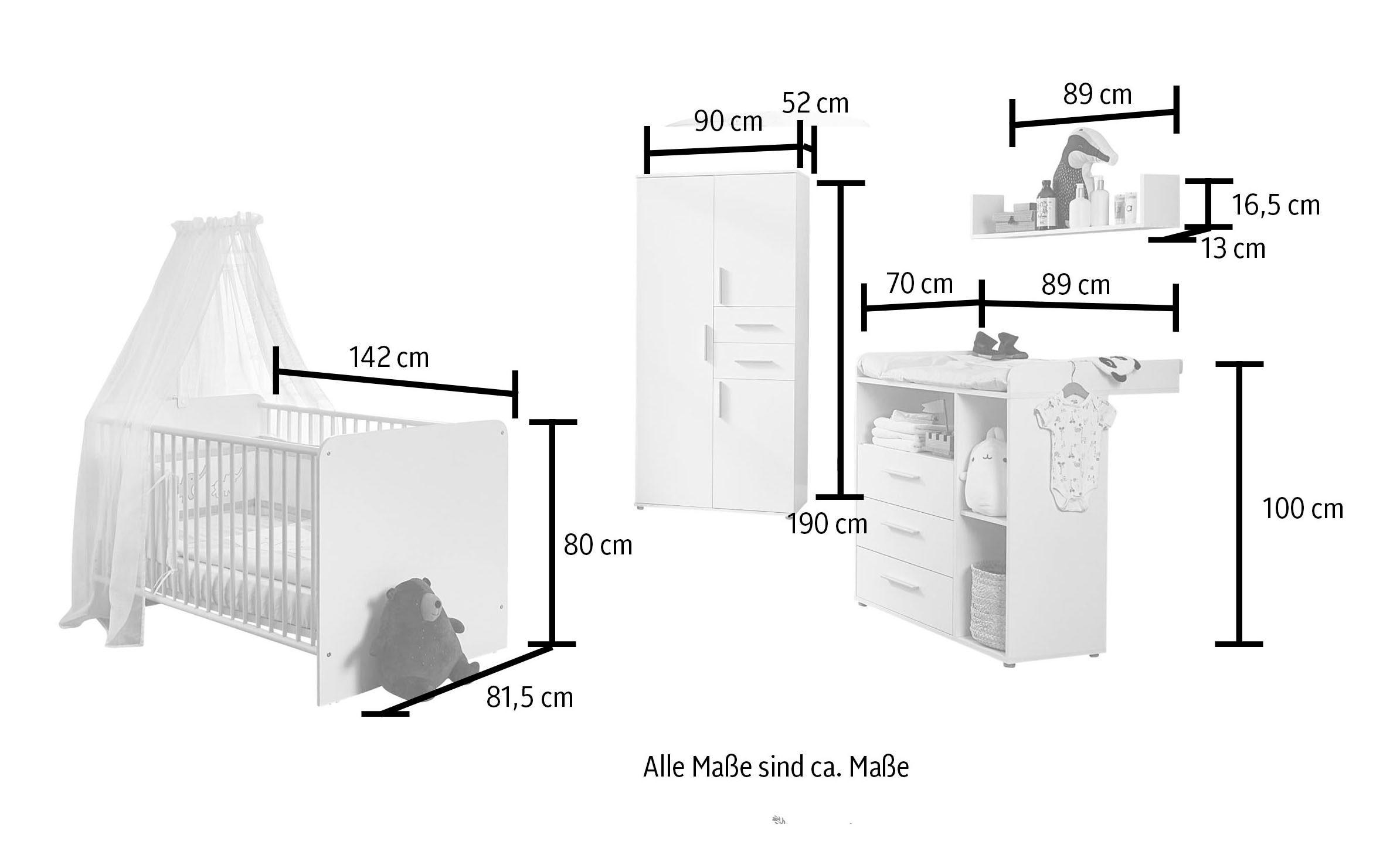 BMG Möbel Babyzimmer-Komplettset »Lea«, (Set, 4 tlg., Bett, Wickelkommode, Schrank, Wandboard), Bett + Wickelkommode + 3-trg. Schrank + Wandboard