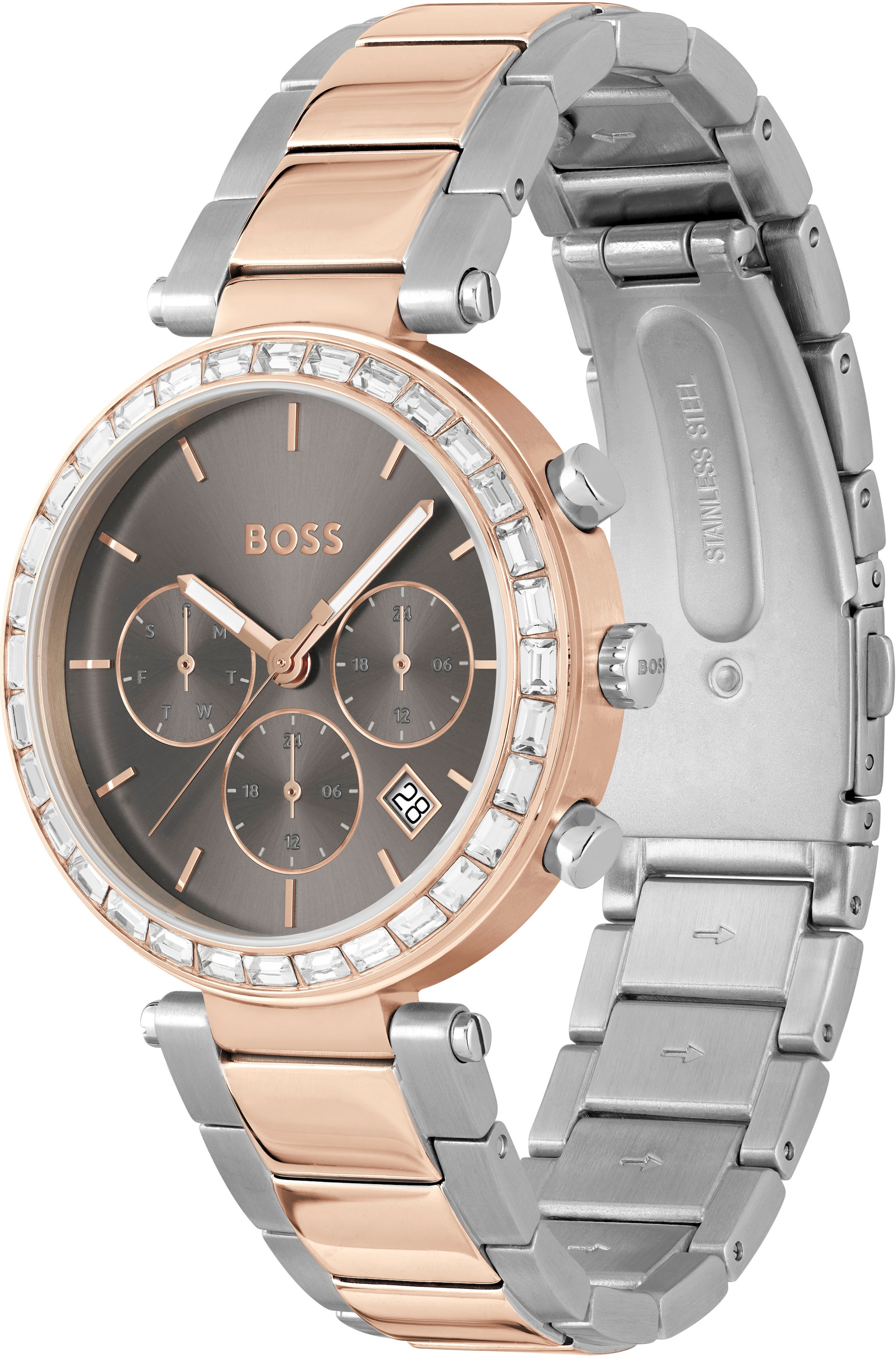 BOSS Multifunktionsuhr »ANDRA«, Quarzuhr, Damenuhr, Armbanduhr, Glaskristalle, Edelstahlarmband