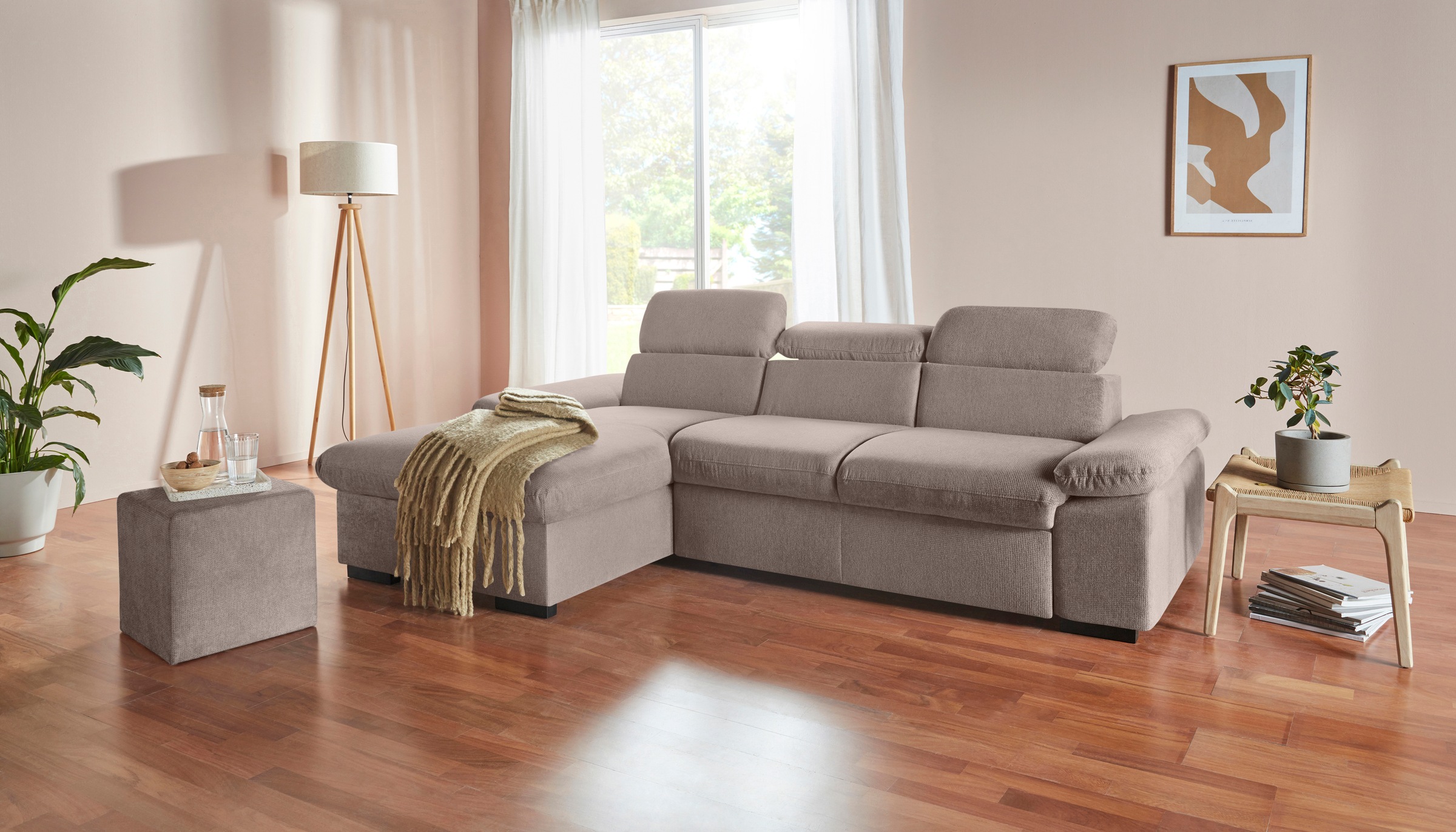 COTTA Ecksofa »Lola L-Form mit Kopfteilfunktion & Hocker«, (Set, mit Hocker), wahlweise mit Bettfunktion, Bettkasten & Armteilverstellung