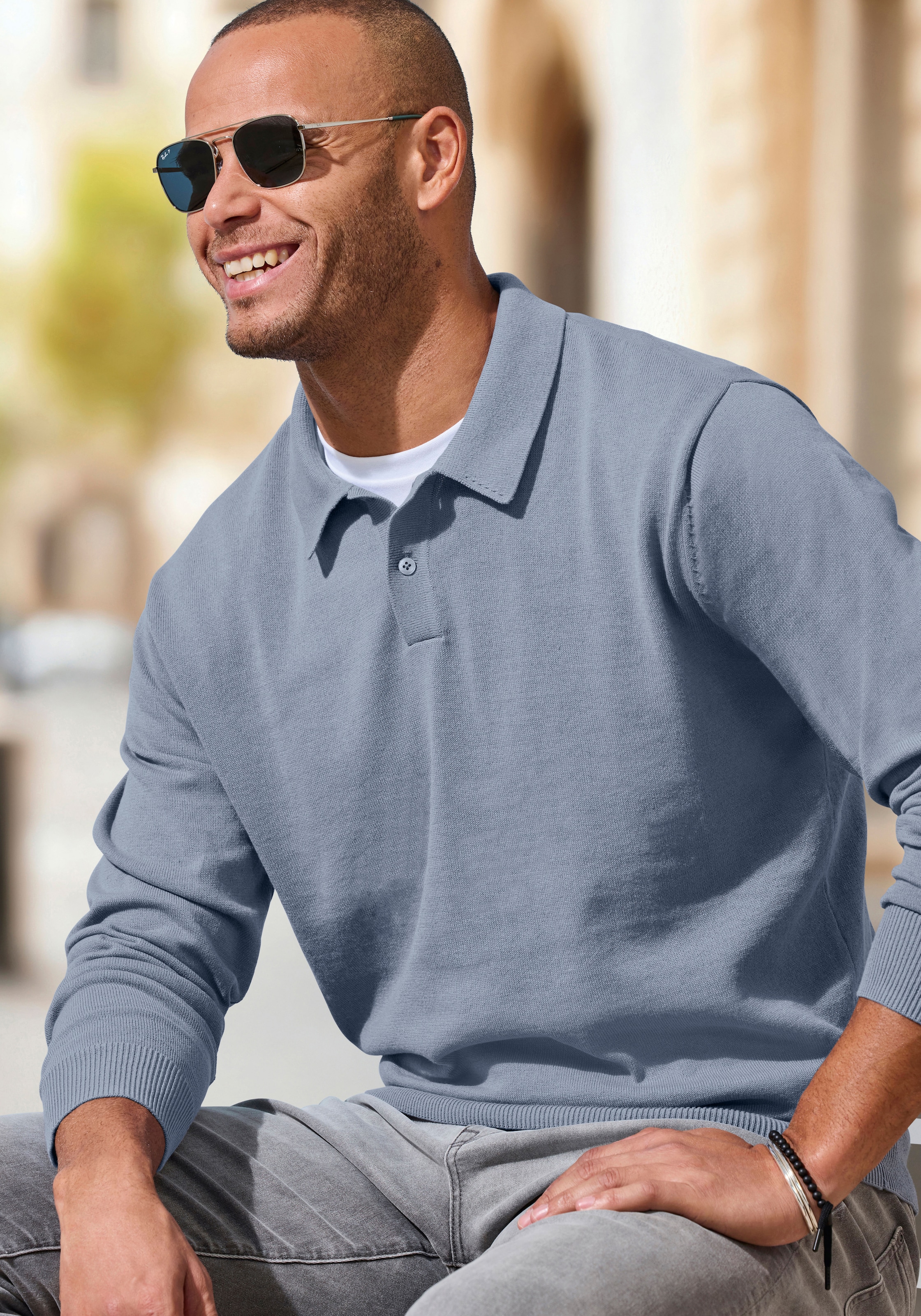 H.I.S Strickpullover mit Polokragen und kleiner Knopfleiste, pflegeleichte Baumwollmischung