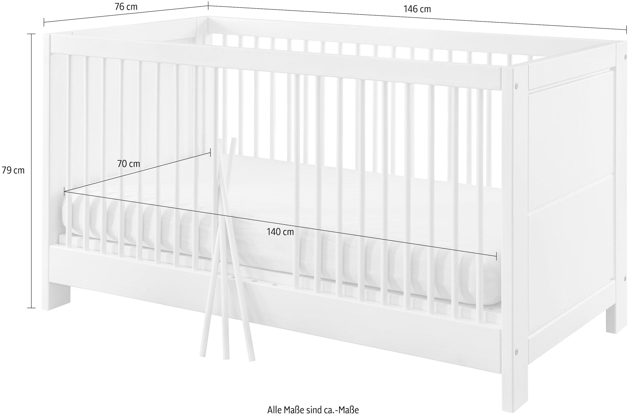 Lüttenhütt Babybett »Lüttenhütt Vita«, Kinderbett 70x140 cm höhenverstellbar mit Lattenrost + Schlupfsprossen