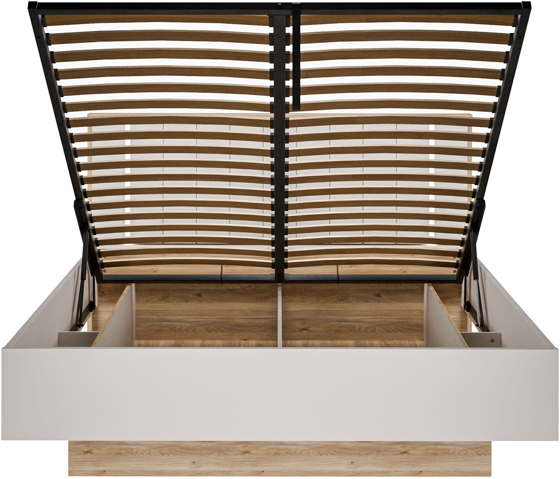 FORTE Bettgestell »Forte Seravel Bettanlage 140 o.160,  Lamellenoptik, warme Holznuancen« inklusive Beleuchtung, aufklappbarer Lattenrost, Stauraum