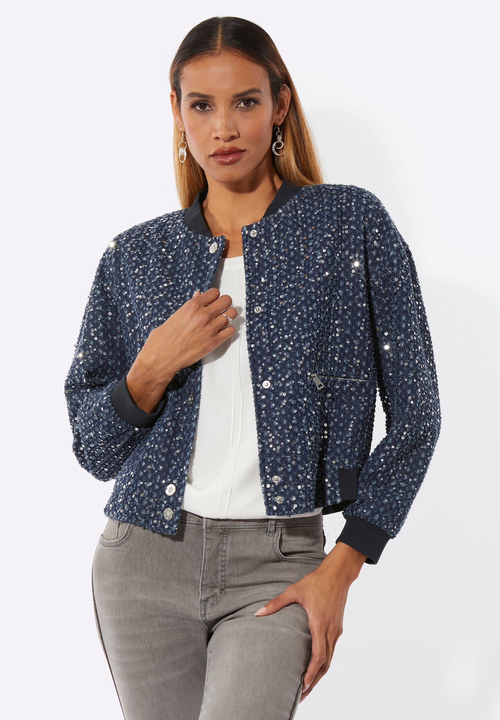 creation L Blusenblazer »Jeans-Blouson Blouson mit schimmernden Pailletten«