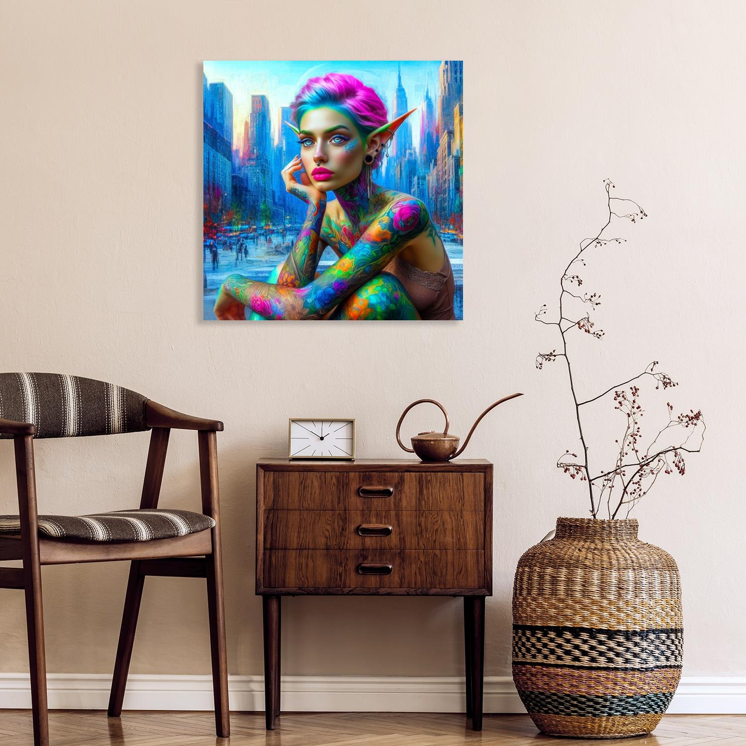 queence Acrylglasbild »Stadtelfen - Katharina Kolenda«, Frau-Fantasy-Amerika-Bilder von Amerika-Stadt-Städte, (1 St.), Kunst, knallige Farben, bunt