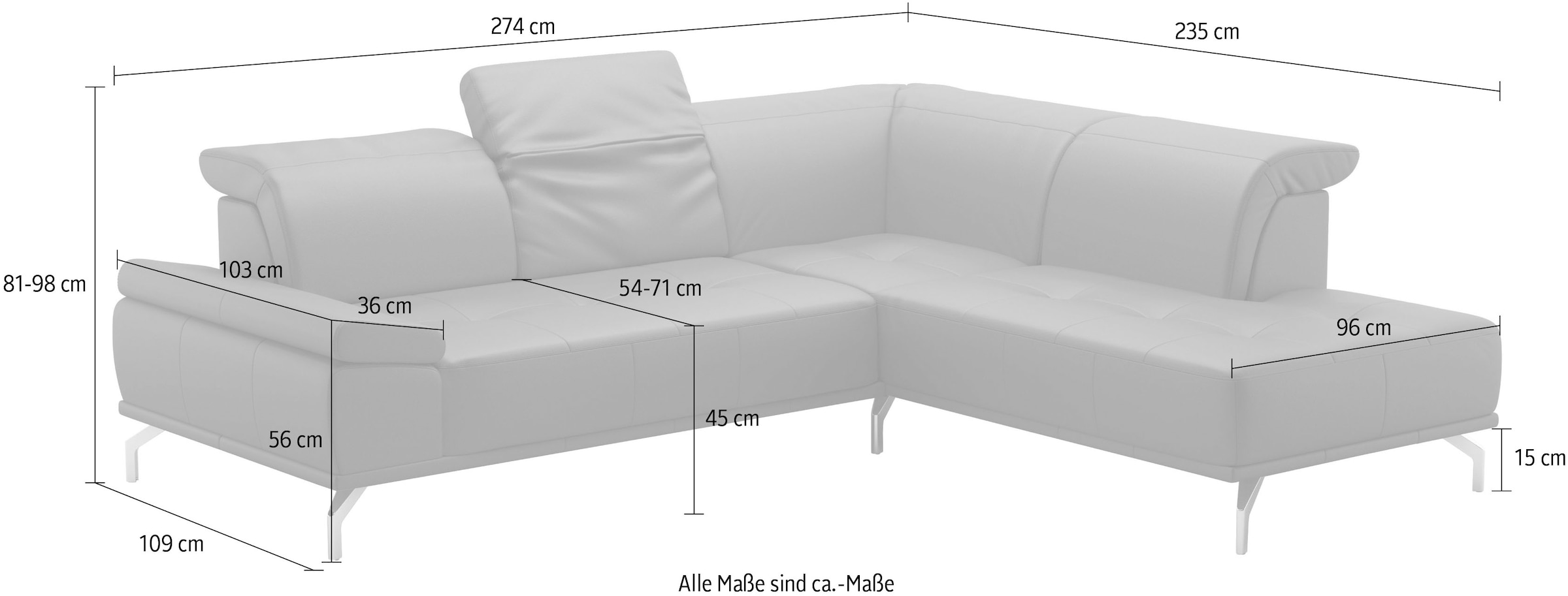 Places of Style Ecksofa »Caluna«, Inkl.Sitztiefenverstellung, wahlweise mit Kopf- und Armteilverstellung