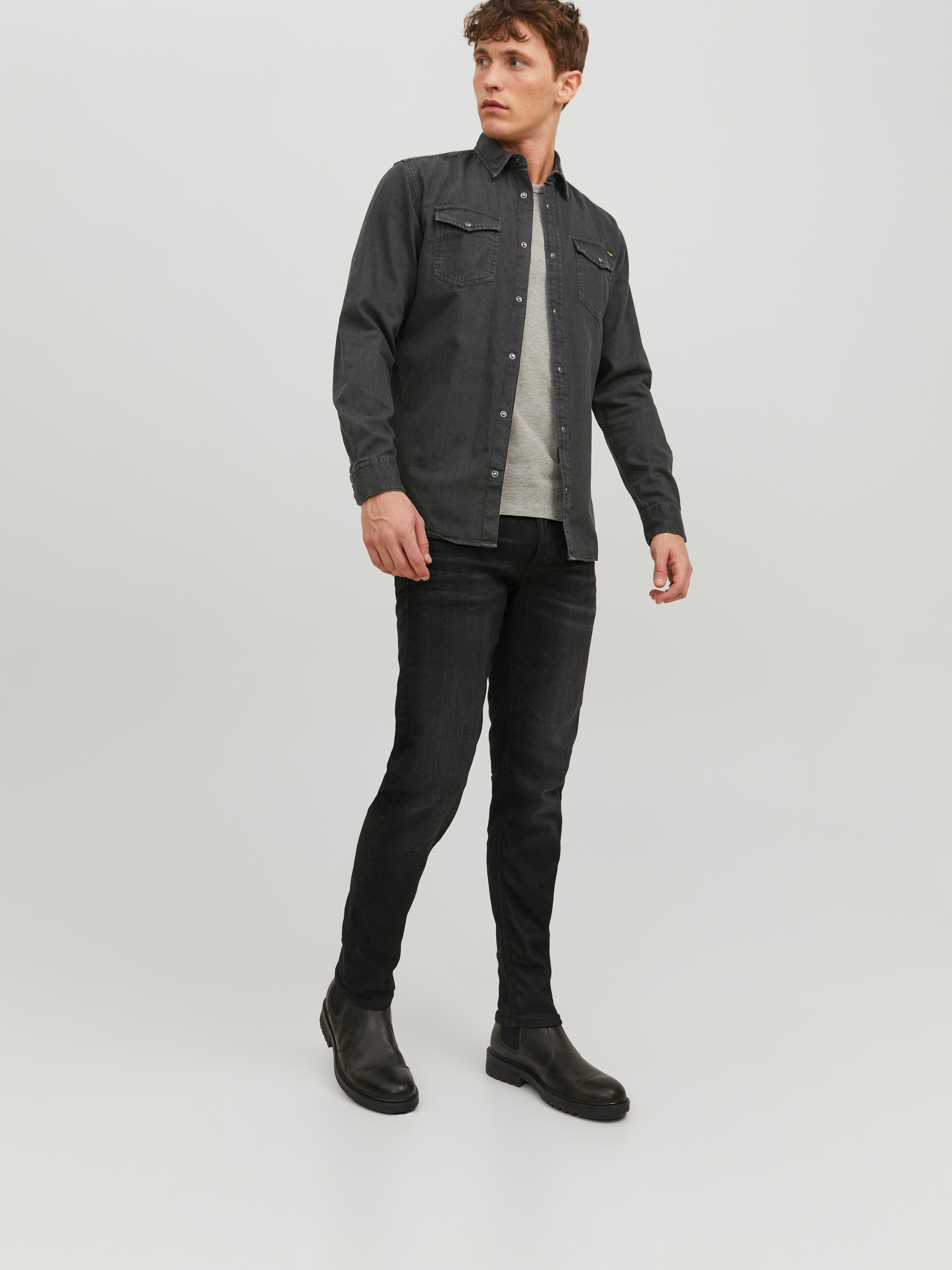 Jack & Jones Jeanshemd »JJESHERIDAN im Workwear-Stil mit robuster Baumwollqualität« unifarben, modisch, slim fit, Baumwolle, Hemdkragen