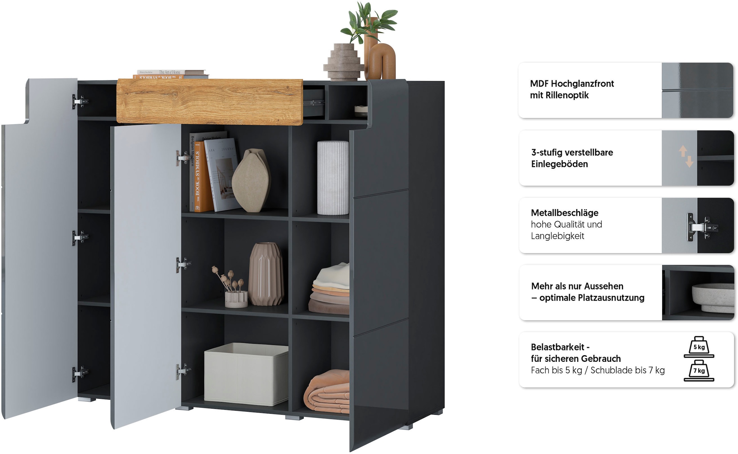 OTTO home Highboard »Toledo,Breite 147,5 cm,trendige Hochkommode mit 3 Türen 1SK« Hochschrank mit viel Stauraum, stylische Hochglanzfronten