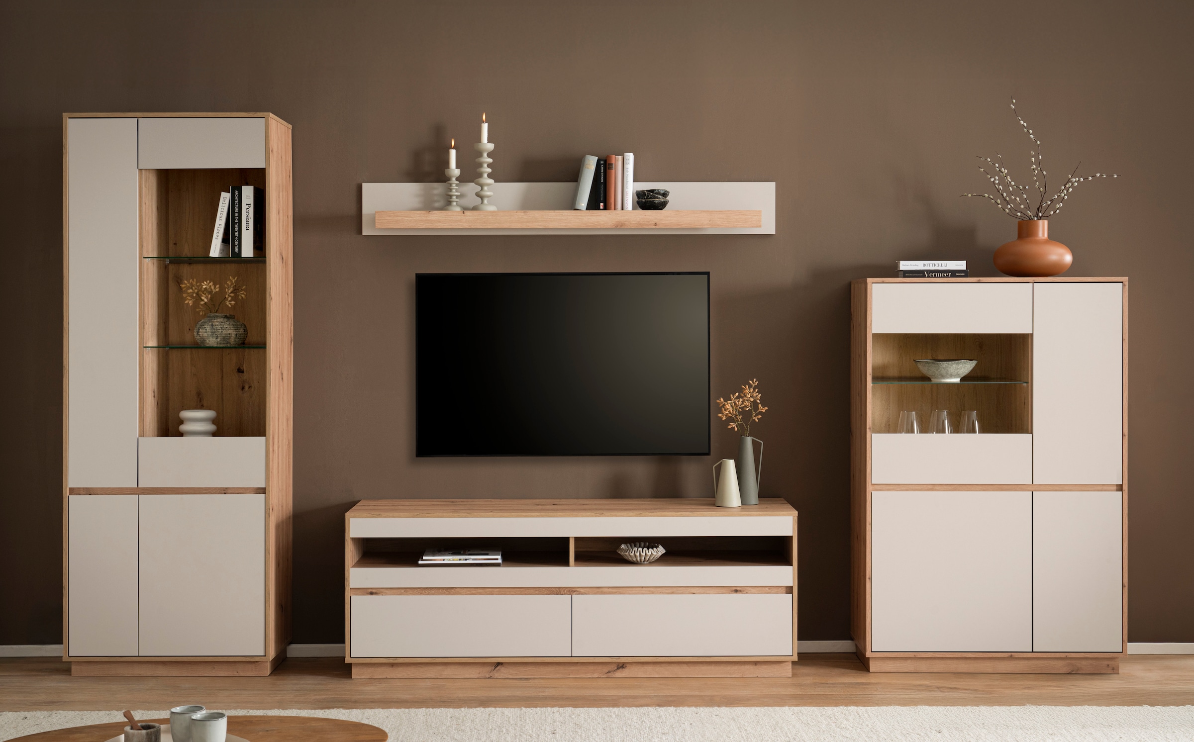 Home affaire Wohnwand »Sonora, moderne Anbauwand, Komplettset in Kaschmir/Eiche« Komplett-Set, 4 Stk. tlg.