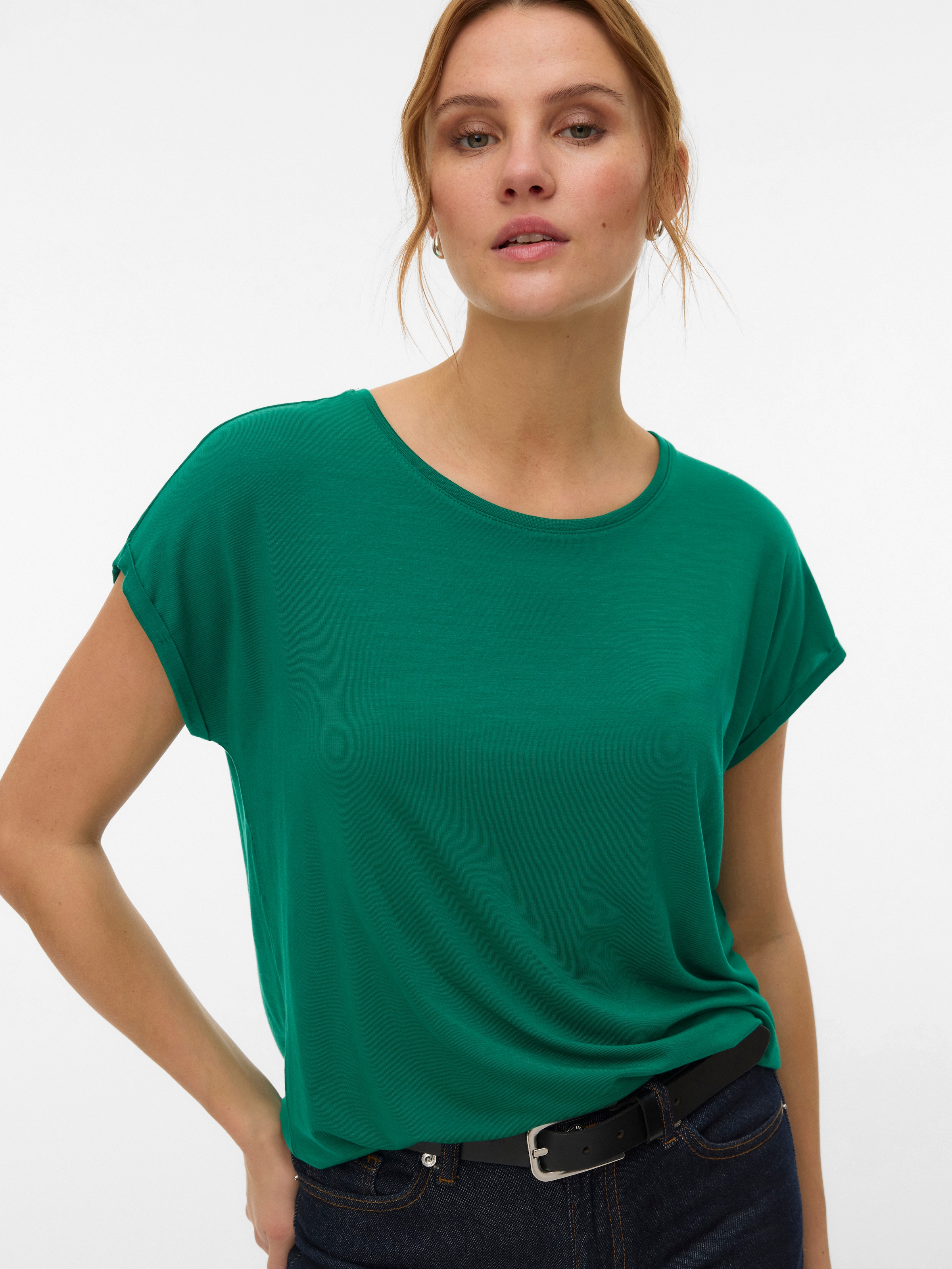 Vero Moda Rundhalsshirt »VMAVA PLAIN SS TOP GAJRS NOOS« Materialmix, regular fit