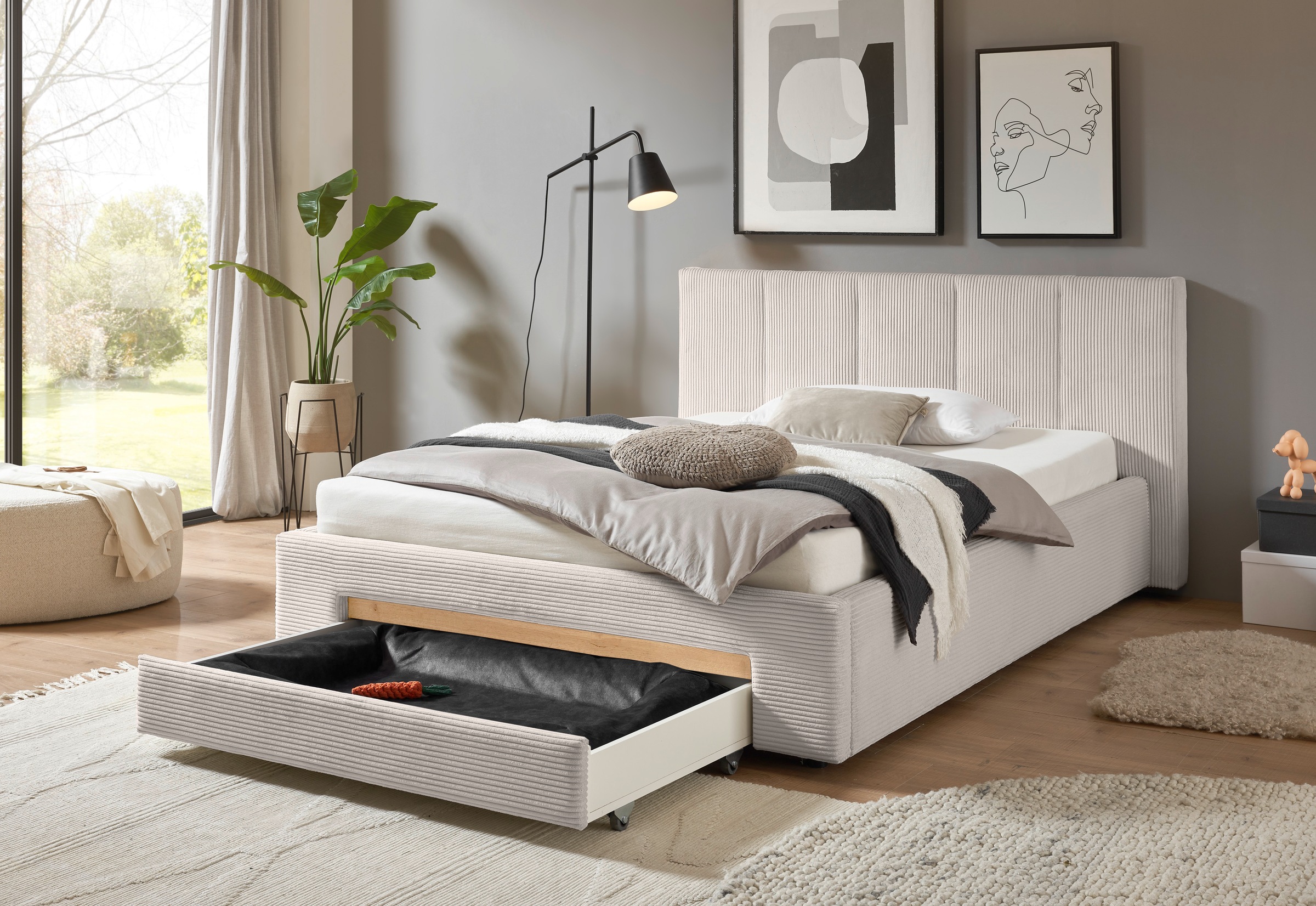 INOSIGN Polsterbett »CiTY/GiRON, Bettgestell mit Bettkasten, gepolstertes Stauraumbett« mit Hundebett oder Stauraumschublade, Bezug Cord-oder Leinenoptik