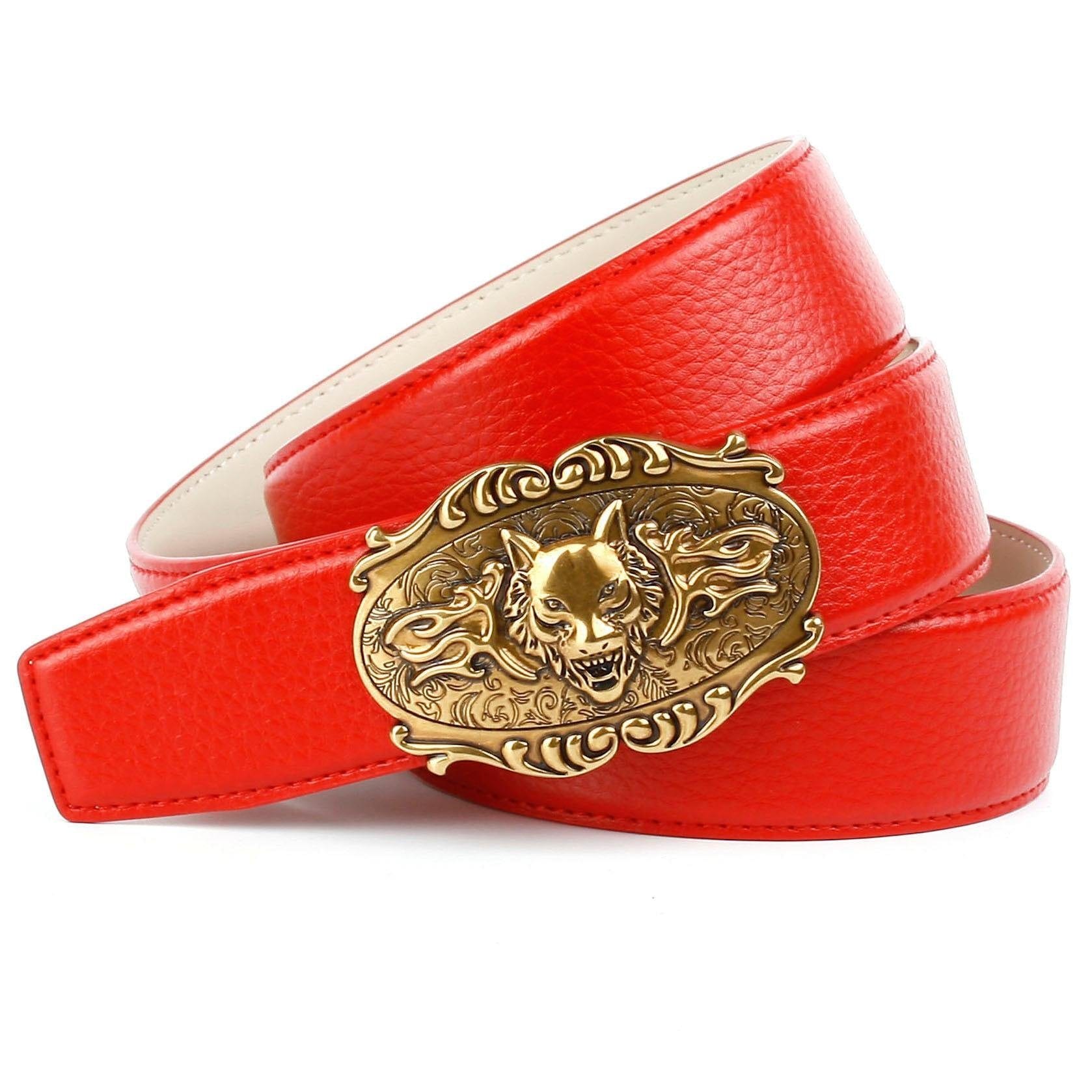 Anthoni Crown Ledergürtel, in rot mit Wolfkopf-Schnalle