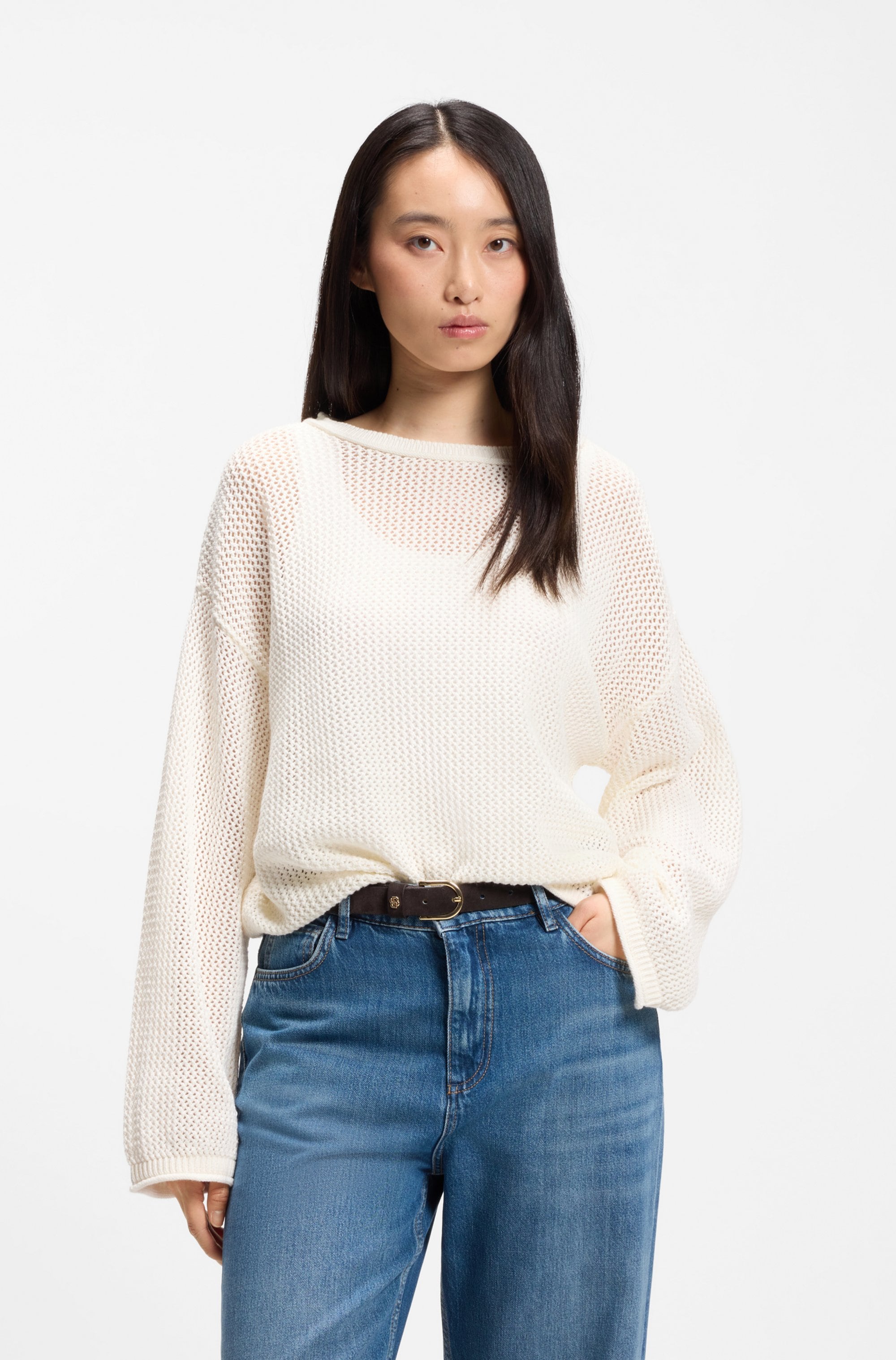 BOSS ORANGE Strickpullover »Farde Premium Damenmode« in Mesh-Struktur, Relaxed Fit
