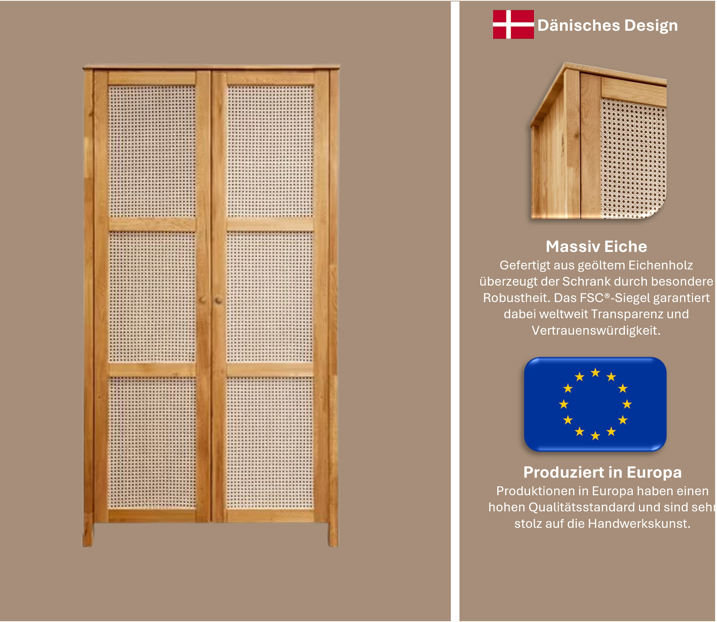 Home affaire Drehtürenschrank »Hällevik, Kleiderschrank, Aufbewahrung, Stauraum, Soft-Close-Funktion« Türfronten mit Wiener Geflecht, FSC® Zertifizierte massive Eiche