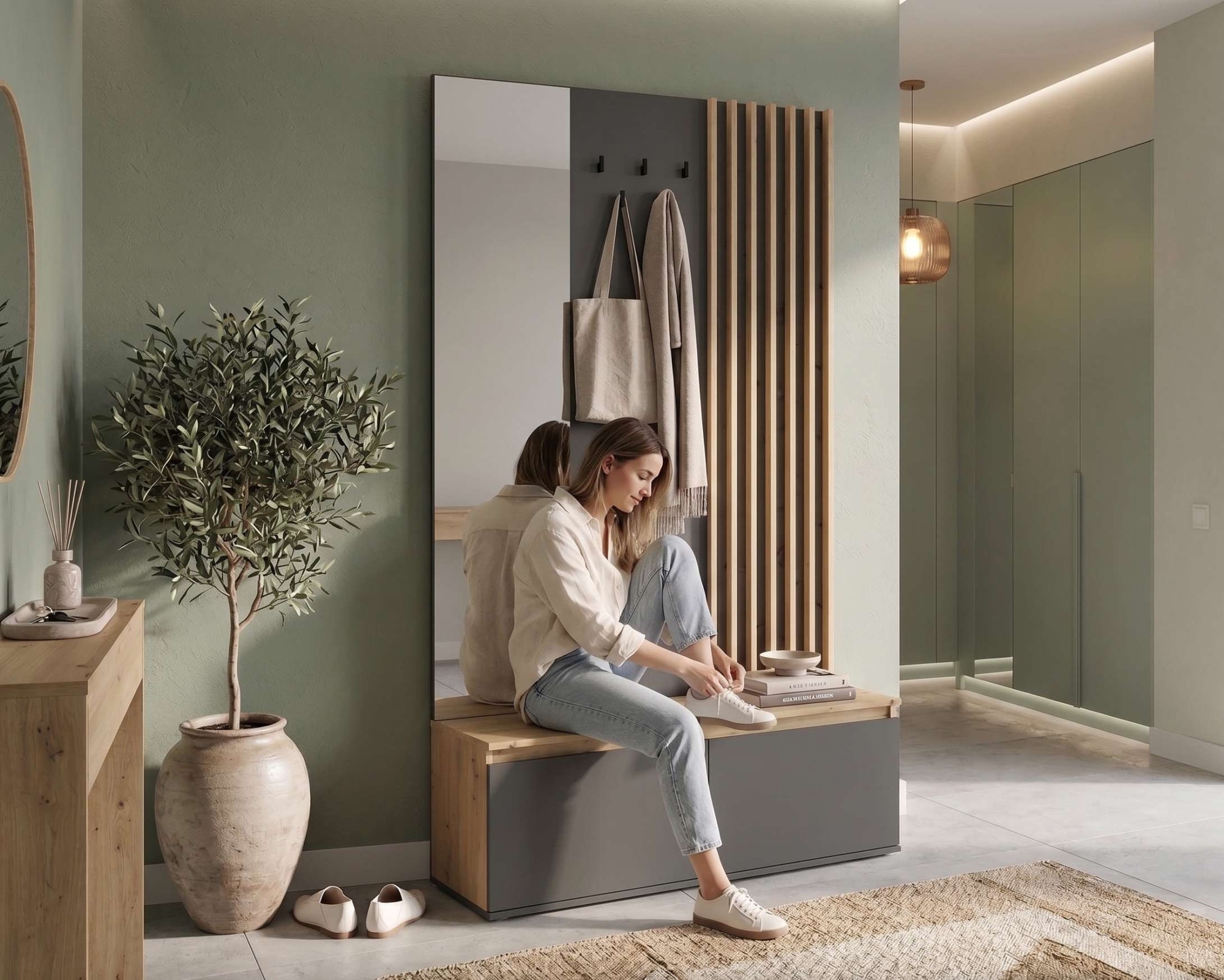 Home affaire Garderobenpaneel »LANDUVA Garderobe mit Schuhschrank, Spiegel und Haken, Breite 120 cm« Garderoben-Set, Kompaktgarderobe, mit Sitzbank, Lamellen Design