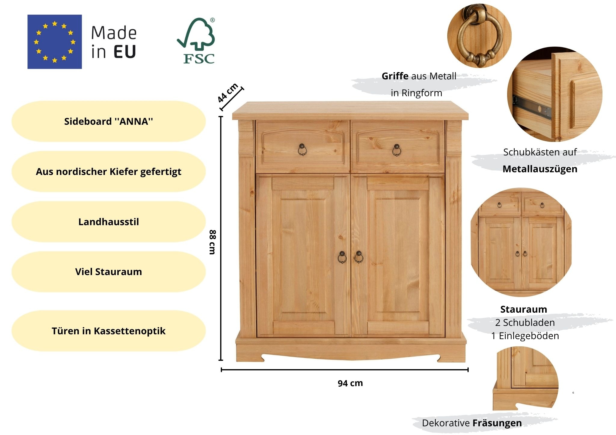 Home affaire Kommode »Anna, Sideboard, Anrichte, Stauraumschrank« B/T/H: 130/40/91 cm,  aus massiver Kiefer, Breite 94 cm, mit Kassettenoptik, FSC®