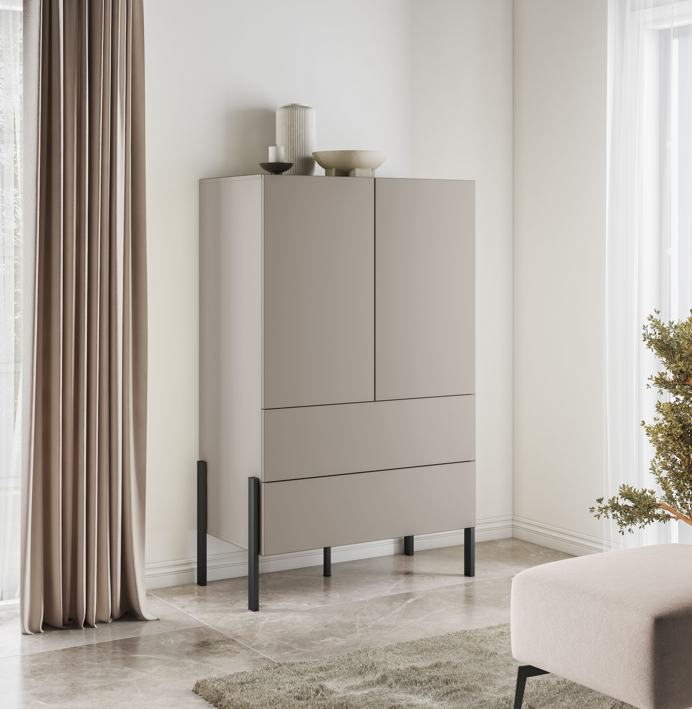 Home affaire Wäscheschrank »Jukon, moderner griffloser Kleiderschrank, Metallfüsse, Made in Europe«, (90x150x50, ideal für kleine Räume oder Nischen), Mehrzweckschrank,2 Schubladen, 2 Türen, FSC-zertifiziert