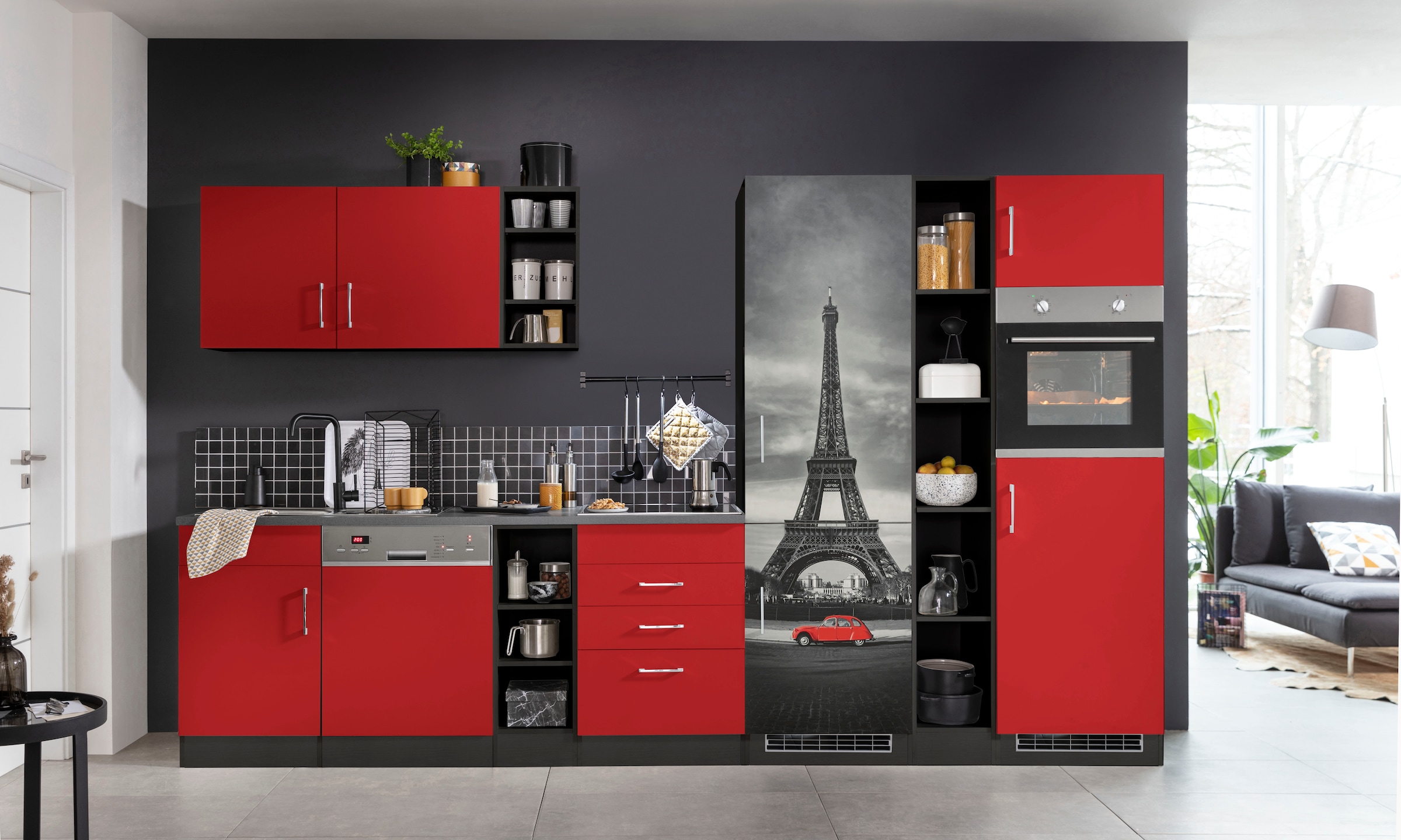 KOCHSTATION Küchenzeile »KS-Paris – Küchen mit einzigartigen Fotomotiven auf den Fronten« Breite 350 cm, wahlweise mit E-Geräten und Induktion