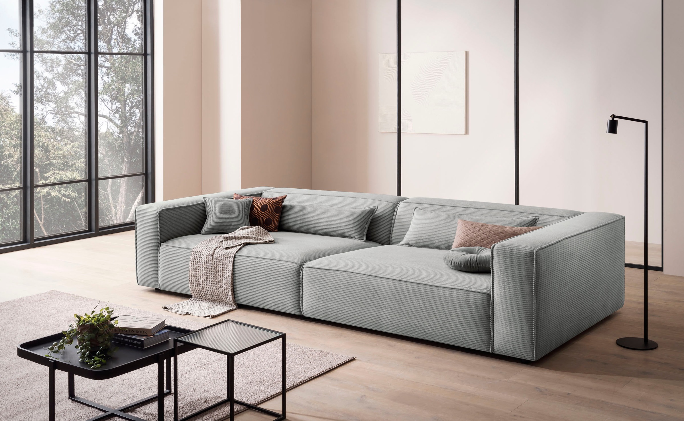 LeGer Home by Lena Gercke 3-Sitzer »PIARA, XXL Sofa mit Kedernaht, Big-Sofa in Cord oder Leinenoptik«, schwarze Füße, bequemer Sitzkomfort, extra tiefe Sitzfläche