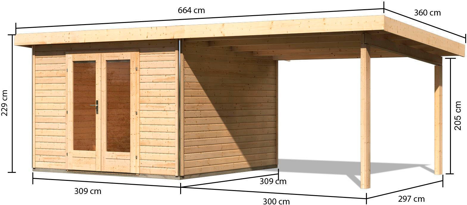 Karibu Gartenhaus »Rabensee 1« mit Anbaudach 3,30 m, naturbelassen